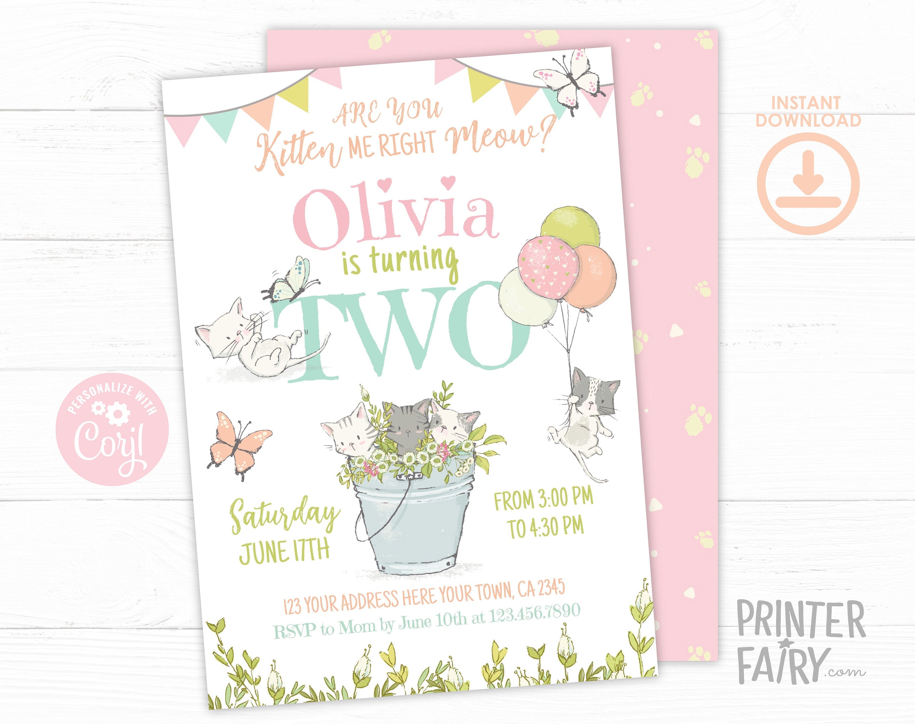 Kitty Cat 2nd Birthday Invitation, Kitten Garden Party (Editable Digital Template)