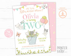 Kitty Cat 2nd Birthday Invitation, Kitten Garden Party (Editable Digital Template)