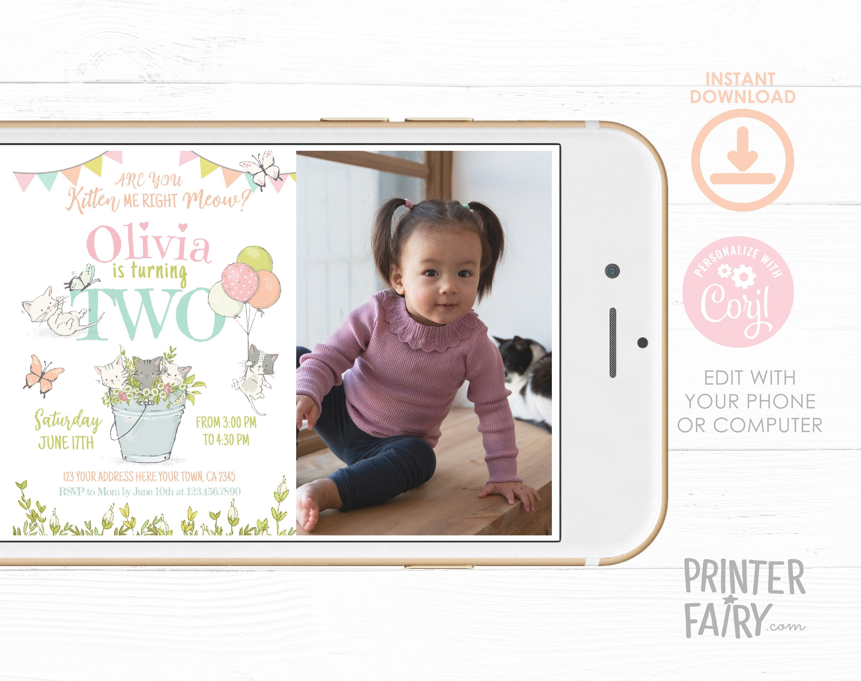 Kitty Cat 2nd Birthday Invitation with Photo, Kitten Garden Party (Editable)