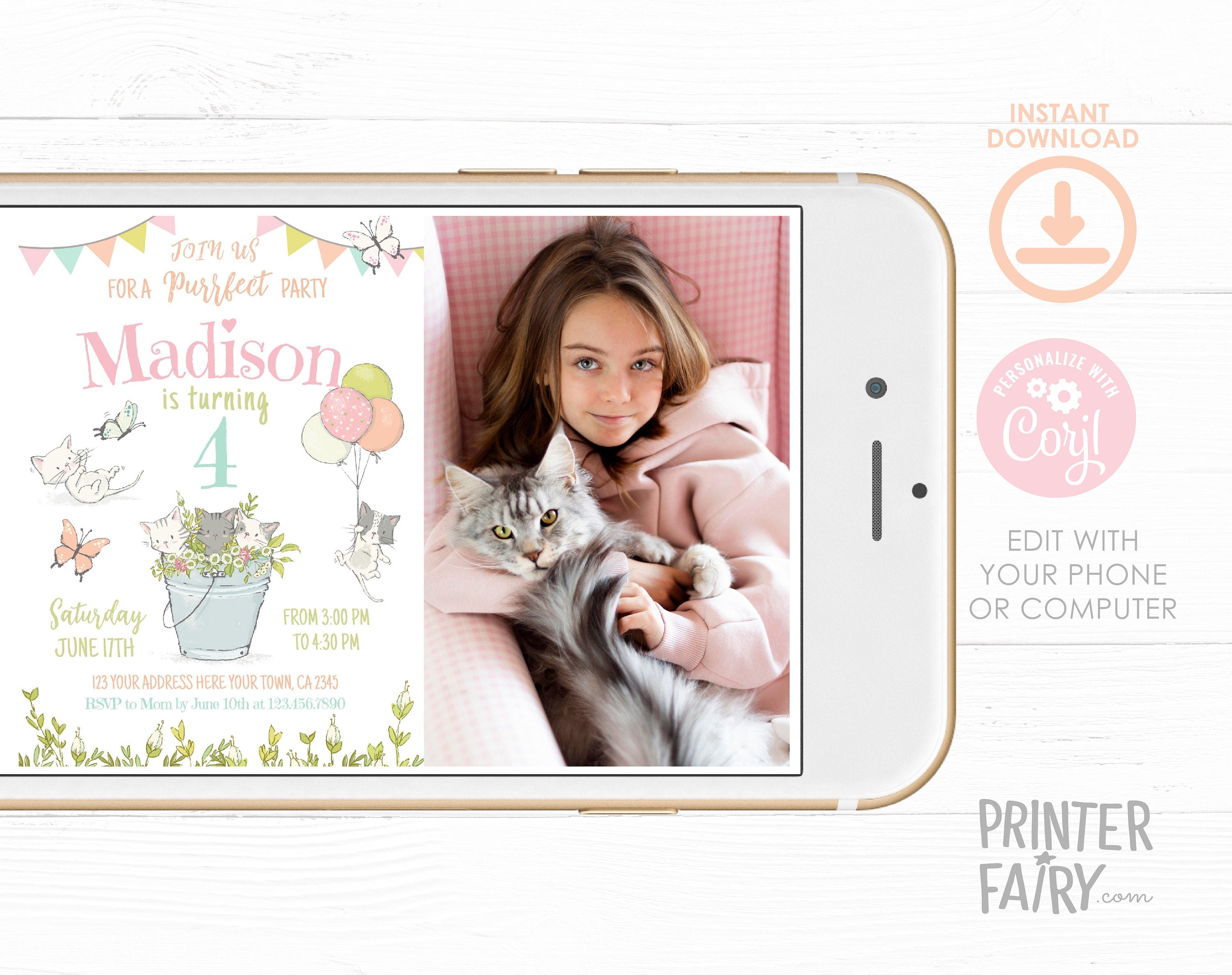 Kitty Cat Birthday Invitation with Photo, Kitten Garden Party (Editable)