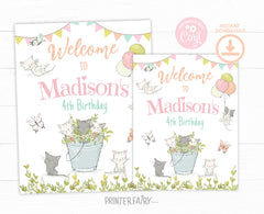 Kitten Garden Birthday Welcome Sign, Editable Cat Party Decor (Printable)