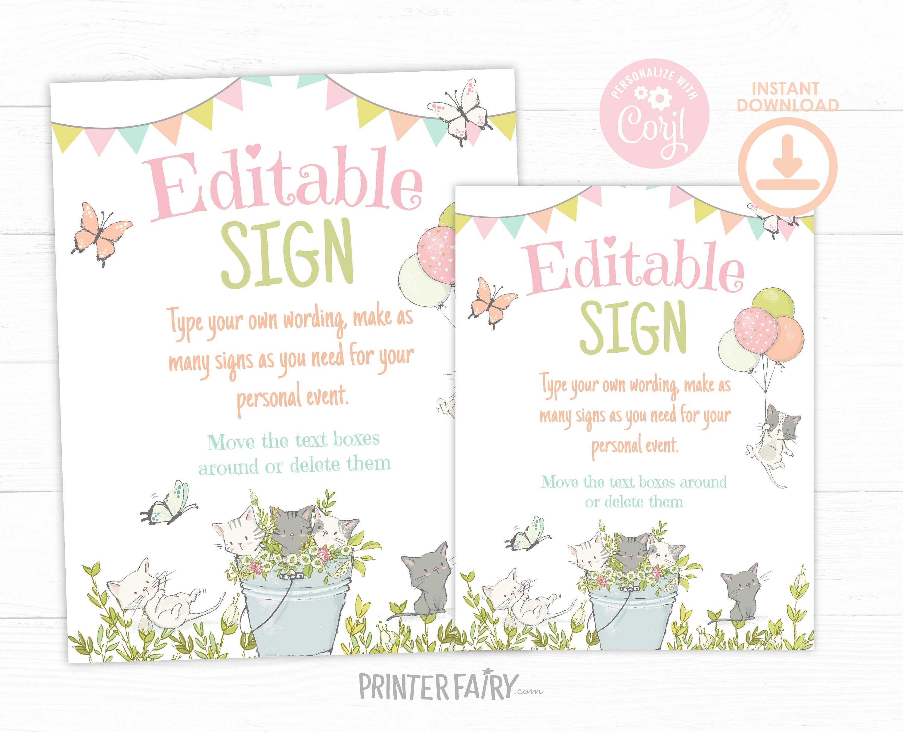 Kitty Cat Birthday Sign, Kitten Garden Party Decor (Editable)