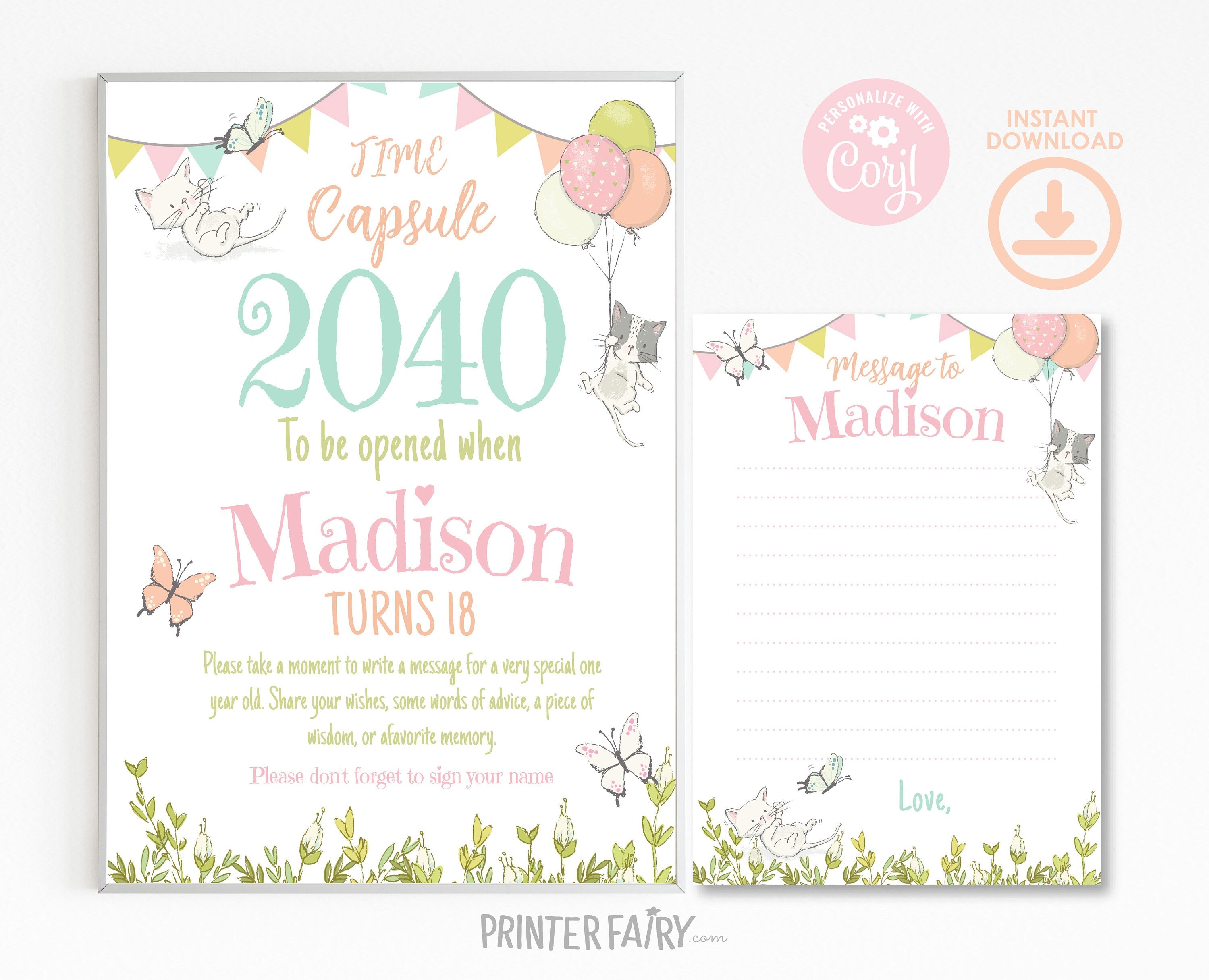 Kitten 1st Birthday Time Capsule, Garden Party Decor (Printable)