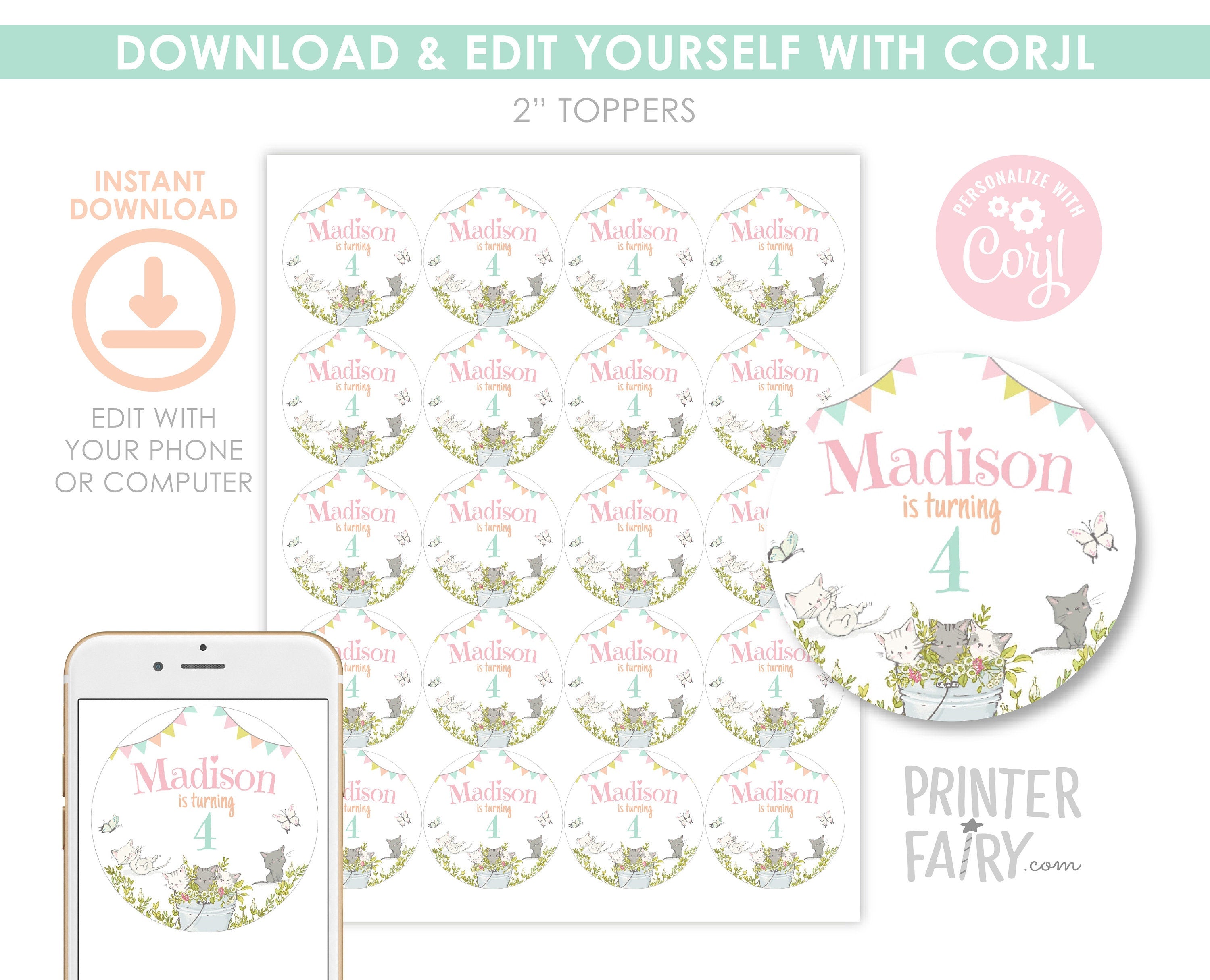 Kitty Cat Birthday Party Toppers, Kitten Garden Decor (Editable Digital Item)
