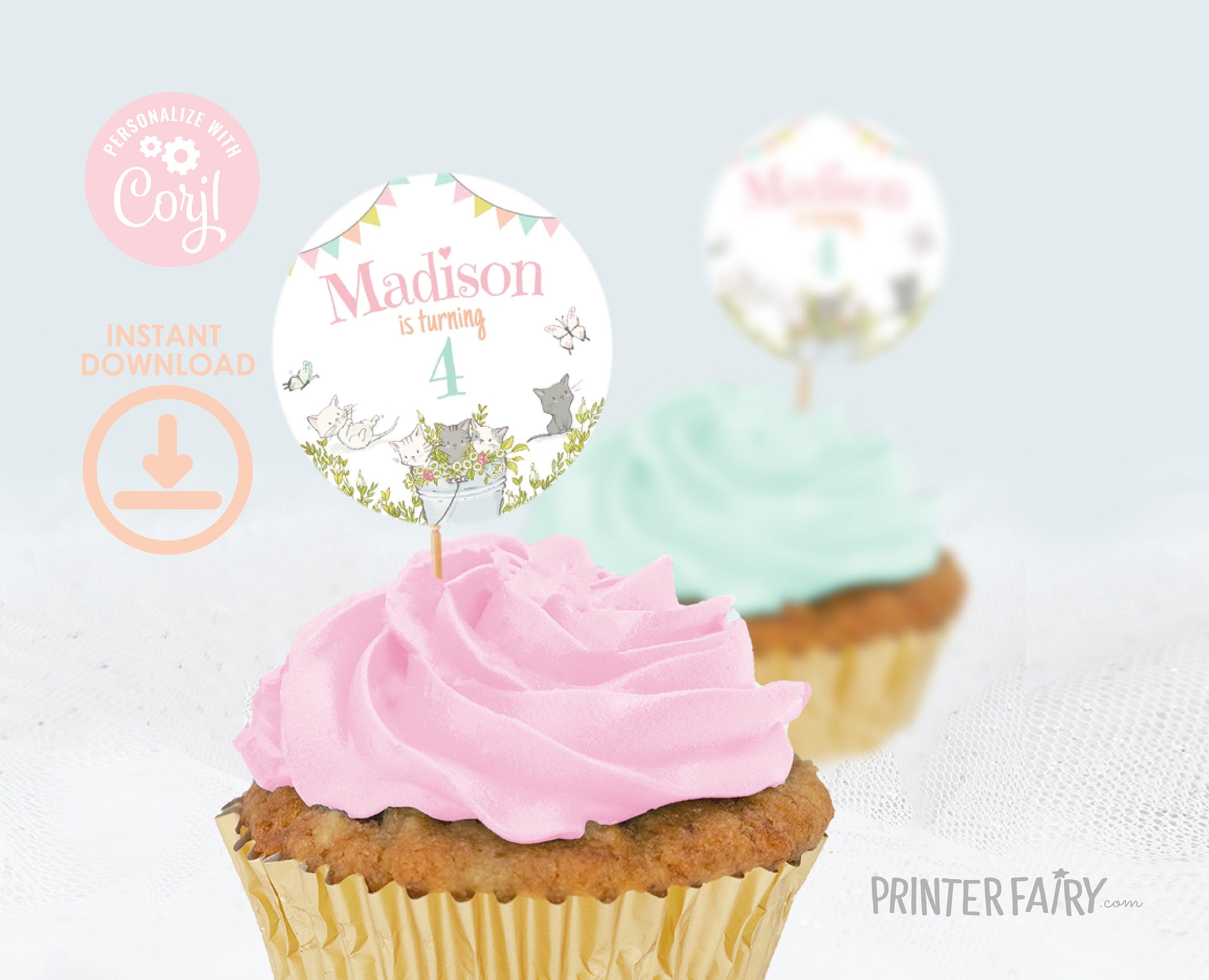 Kitty Cat Birthday Party Toppers, Kitten Garden Decor (Editable Digital Item)