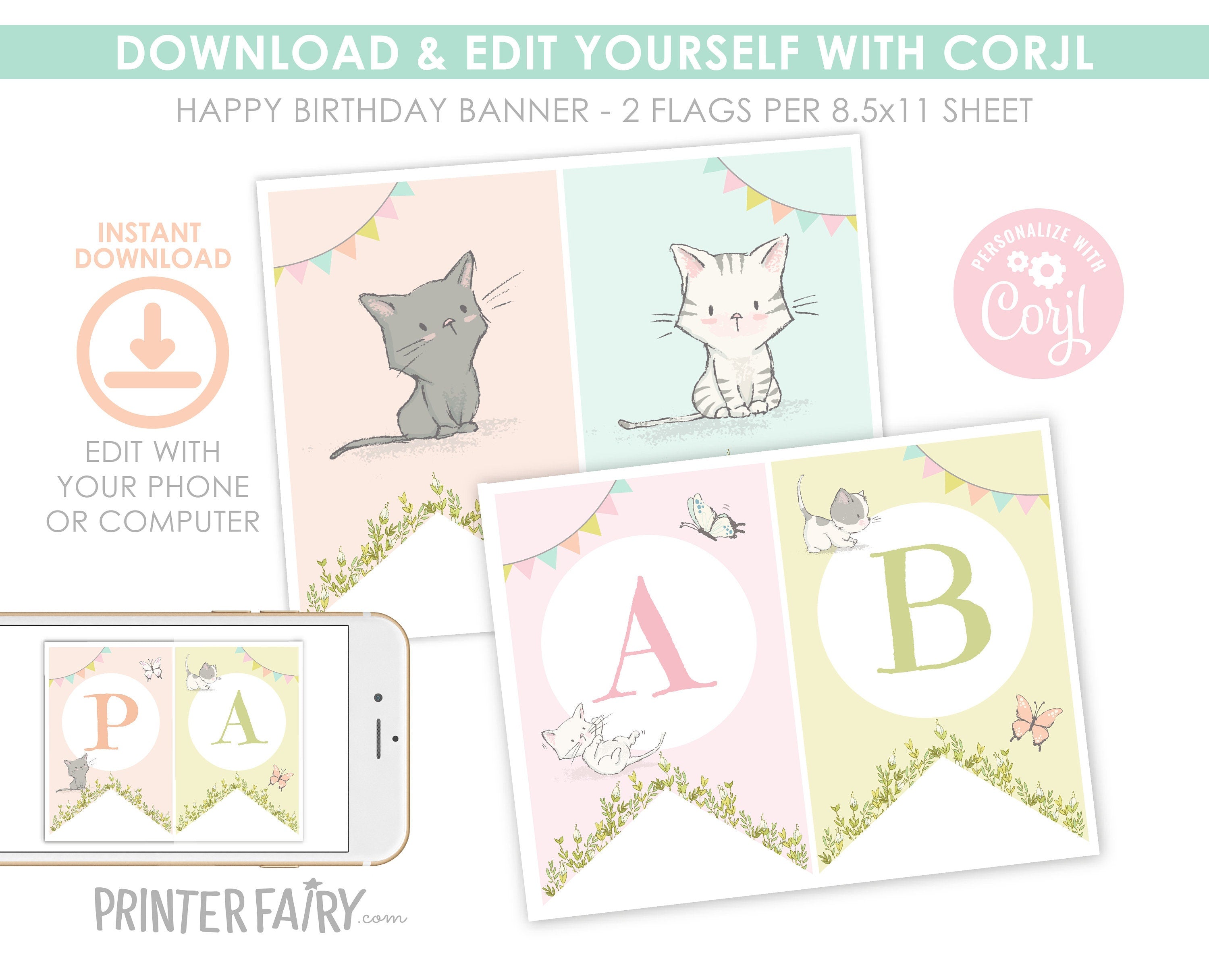 Editable Kitty Cat Birthday Banner, Kitten Garden Party (Digital Download)