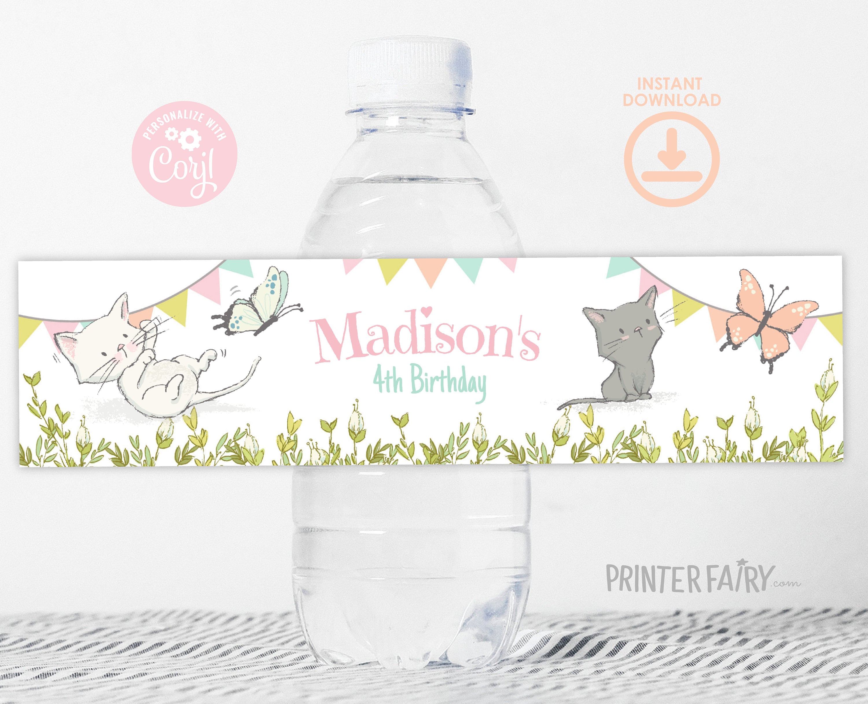 Kitten Garden Birthday Party Water Bottle Label, Editable (Digital)