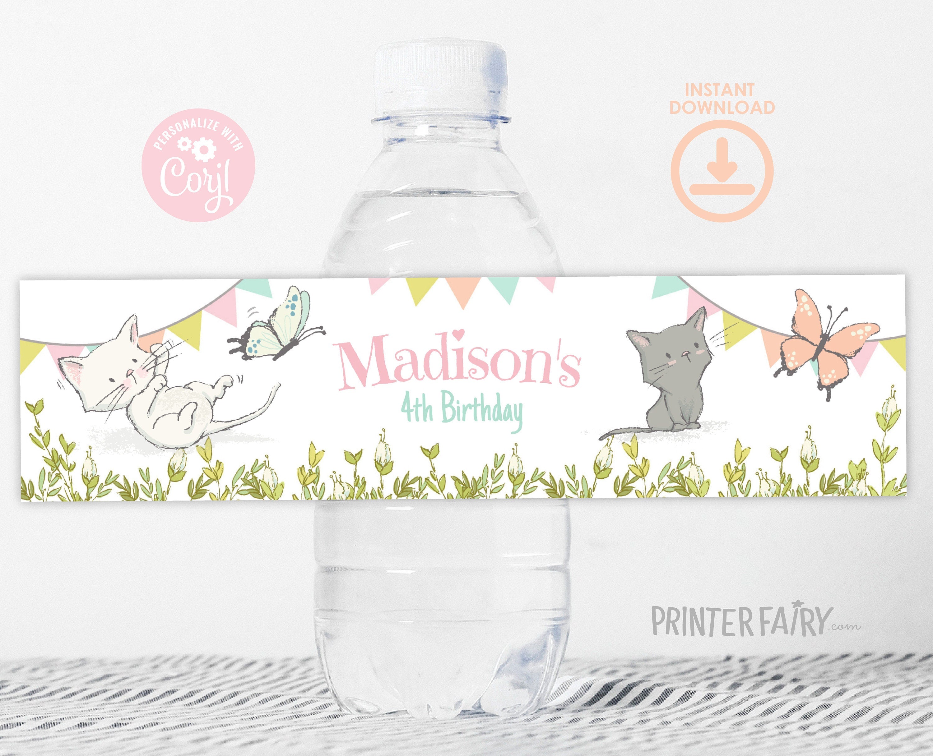 Kitten Garden Birthday Party Water Bottle Label, Editable (Digital)