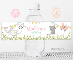 Kitten Garden Birthday Party Water Bottle Label, Editable (Digital)
