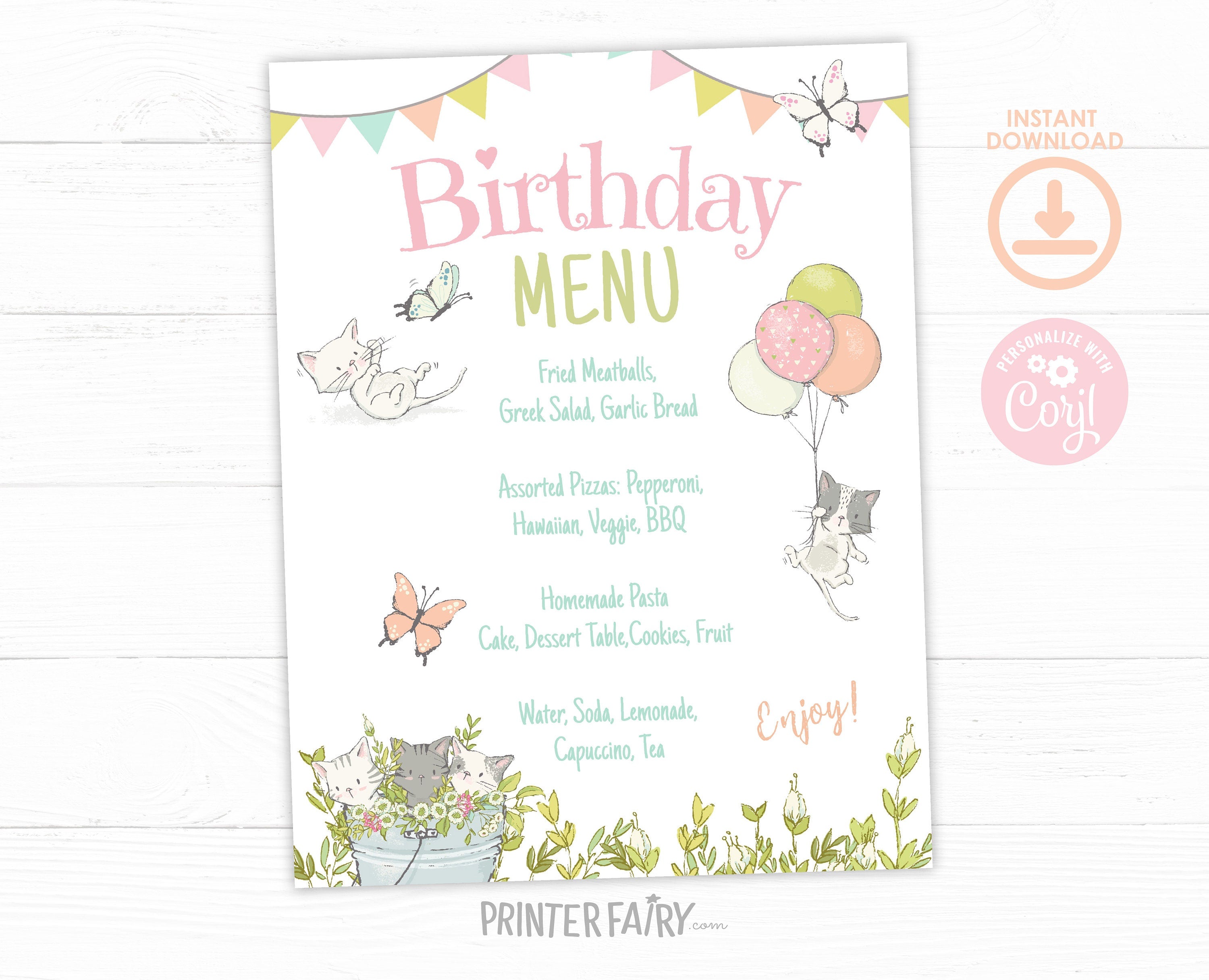 Kitty Cat Birthday Menu, Kitten Garden Party, Editable Food Sign (Digital Download)