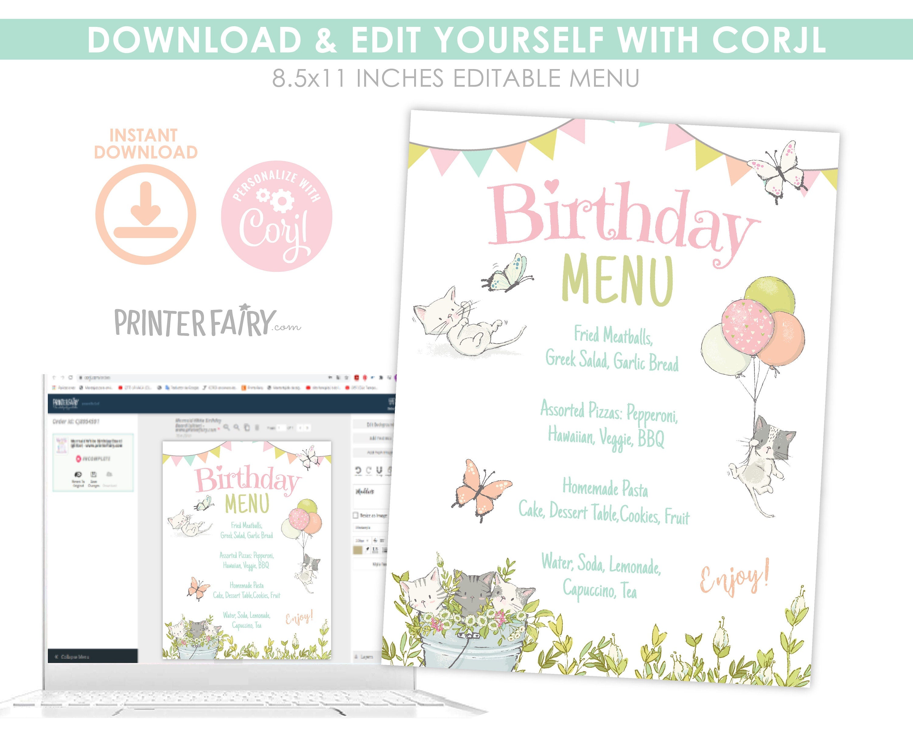 Kitty Cat Birthday Menu, Kitten Garden Party, Editable Food Sign (Digital Download)