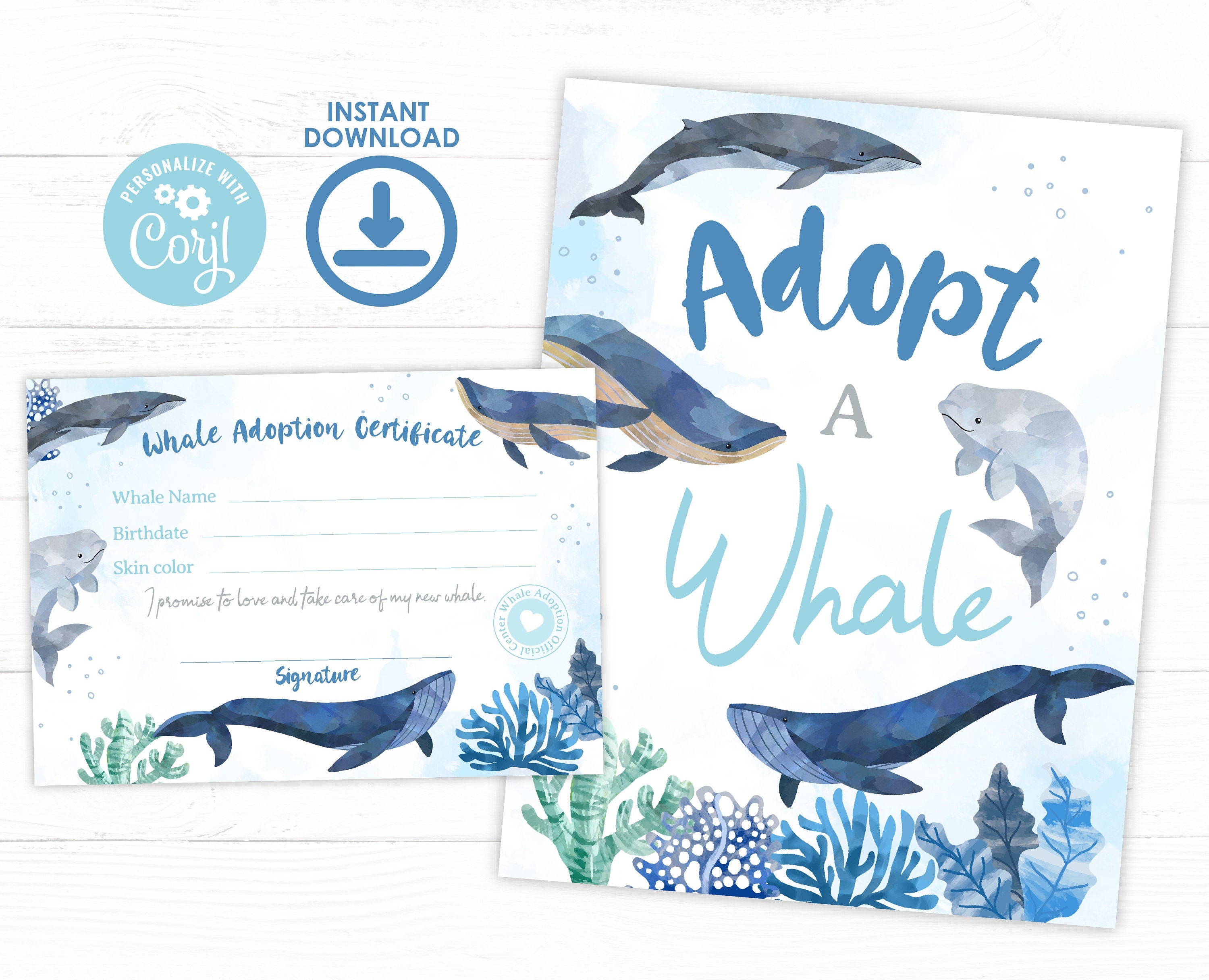 Whale Adoption Sign and Certificate, Under the Sea Party (Printable Download)