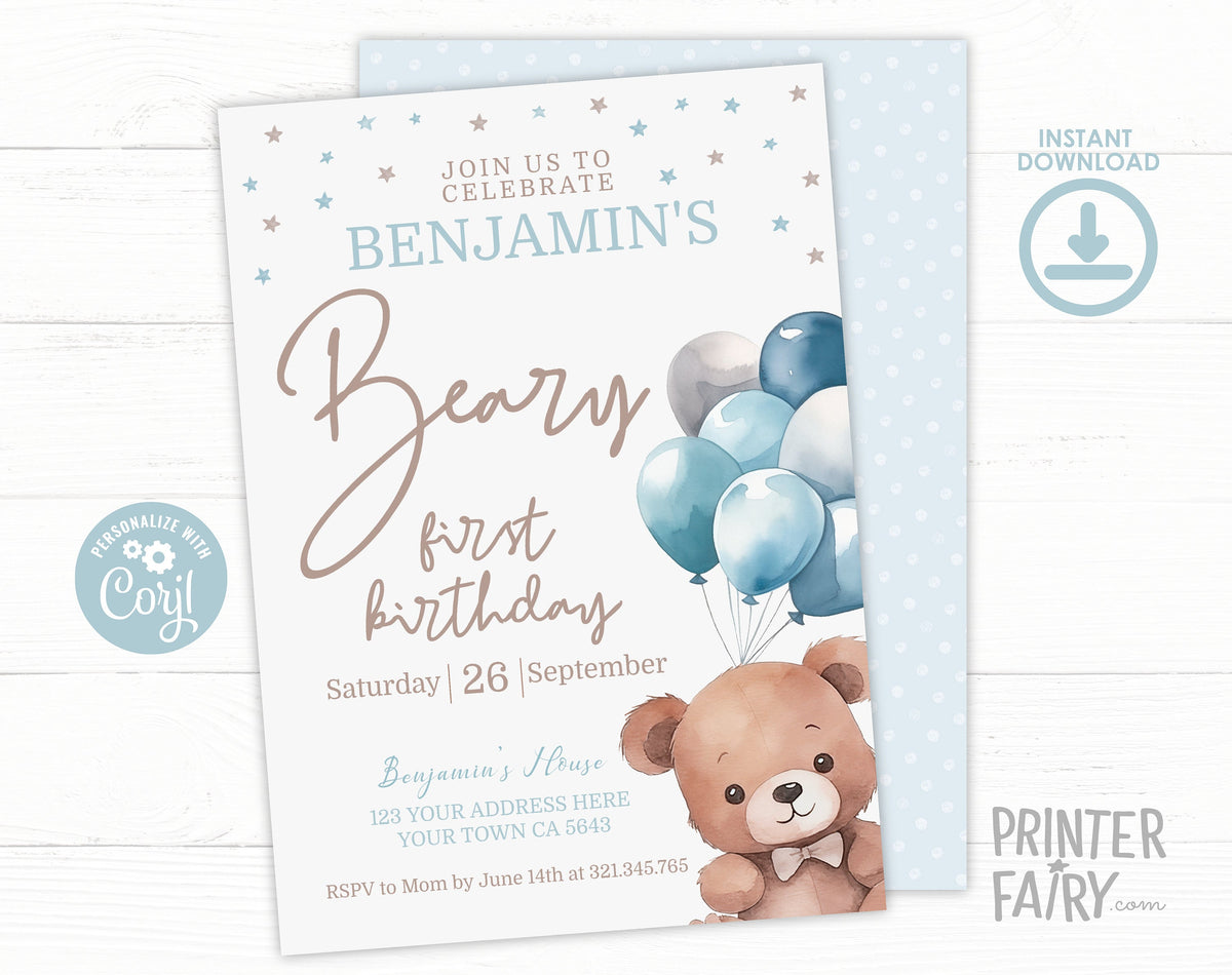 Teddy Bear First Birthday Invitation, EDITABLE (Digital)