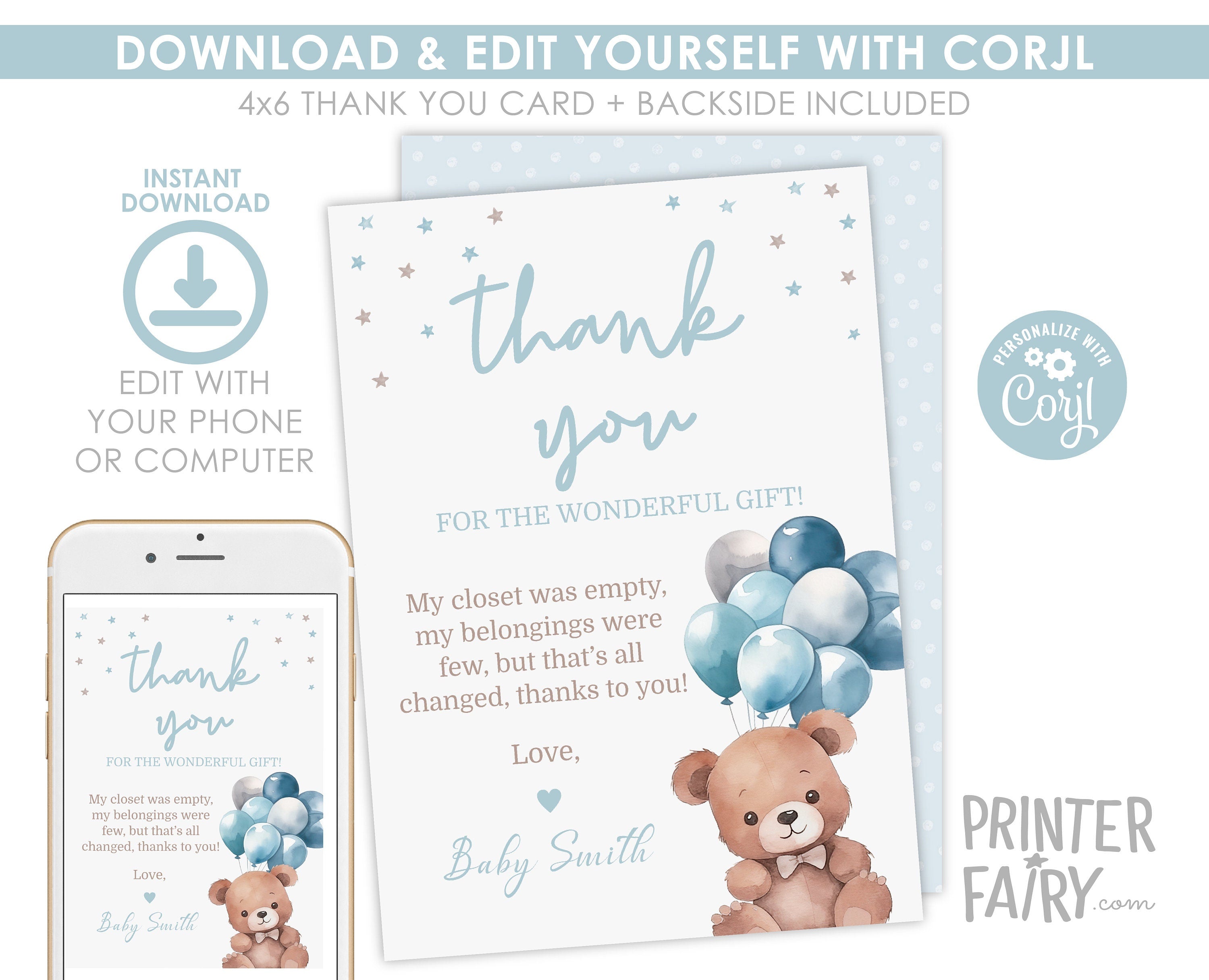 Bear Baby Shower Thank You Card, Editable Printable (4x6)
