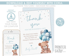 Bear Baby Shower Thank You Card, Editable Printable (4x6)