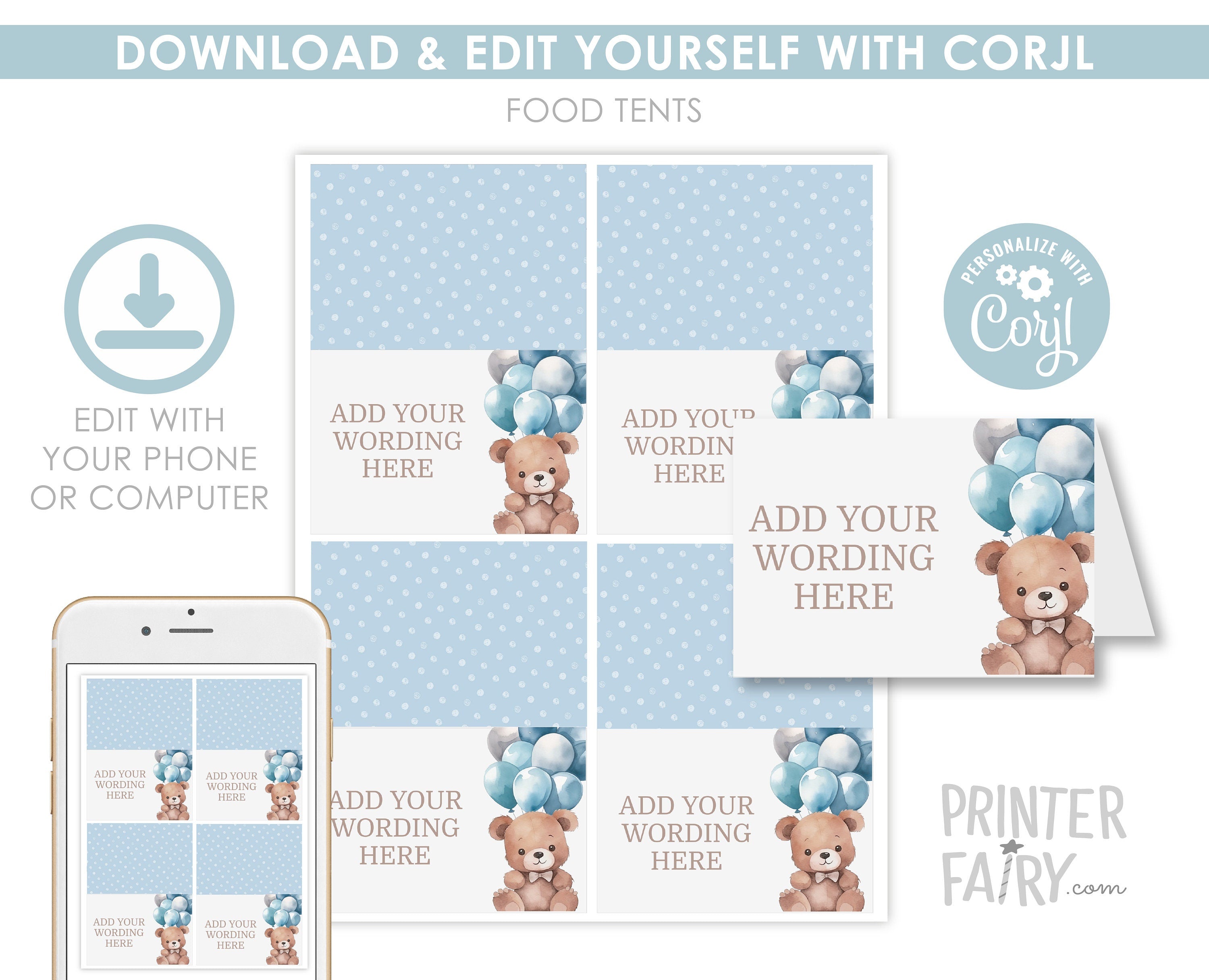 Bear Printable Food Cards Editable Templates, Instant Download