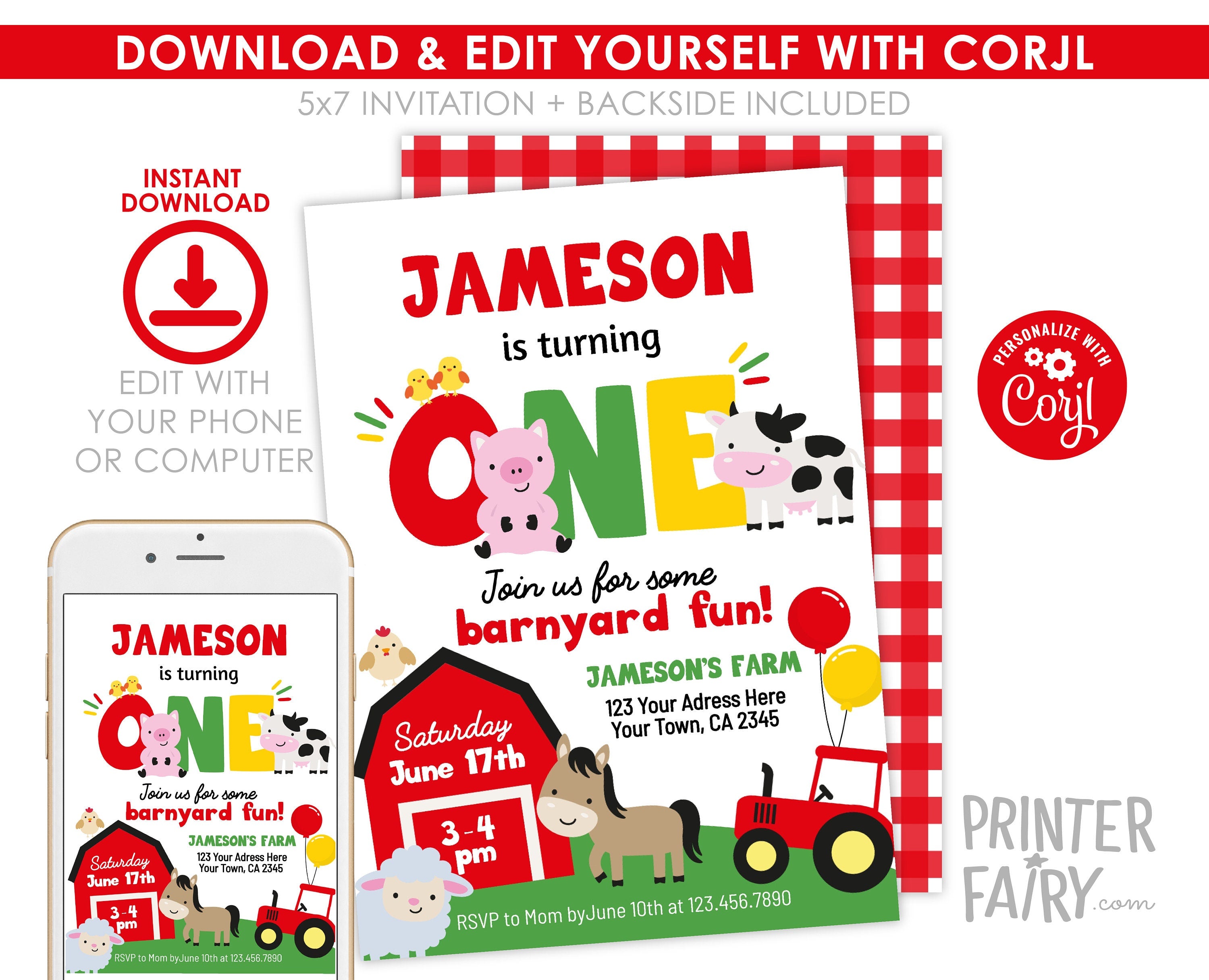 Farm Animals 1st Birthday Invitation Template (Digital Download)