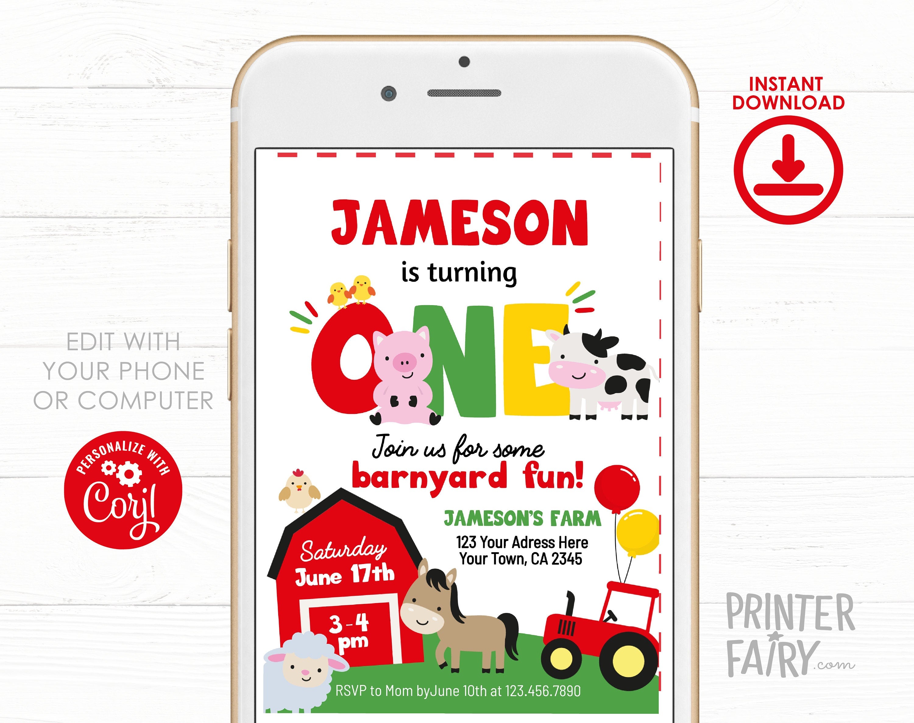 Farm Animals 1st Birthday Invitation Template (Digital Download)