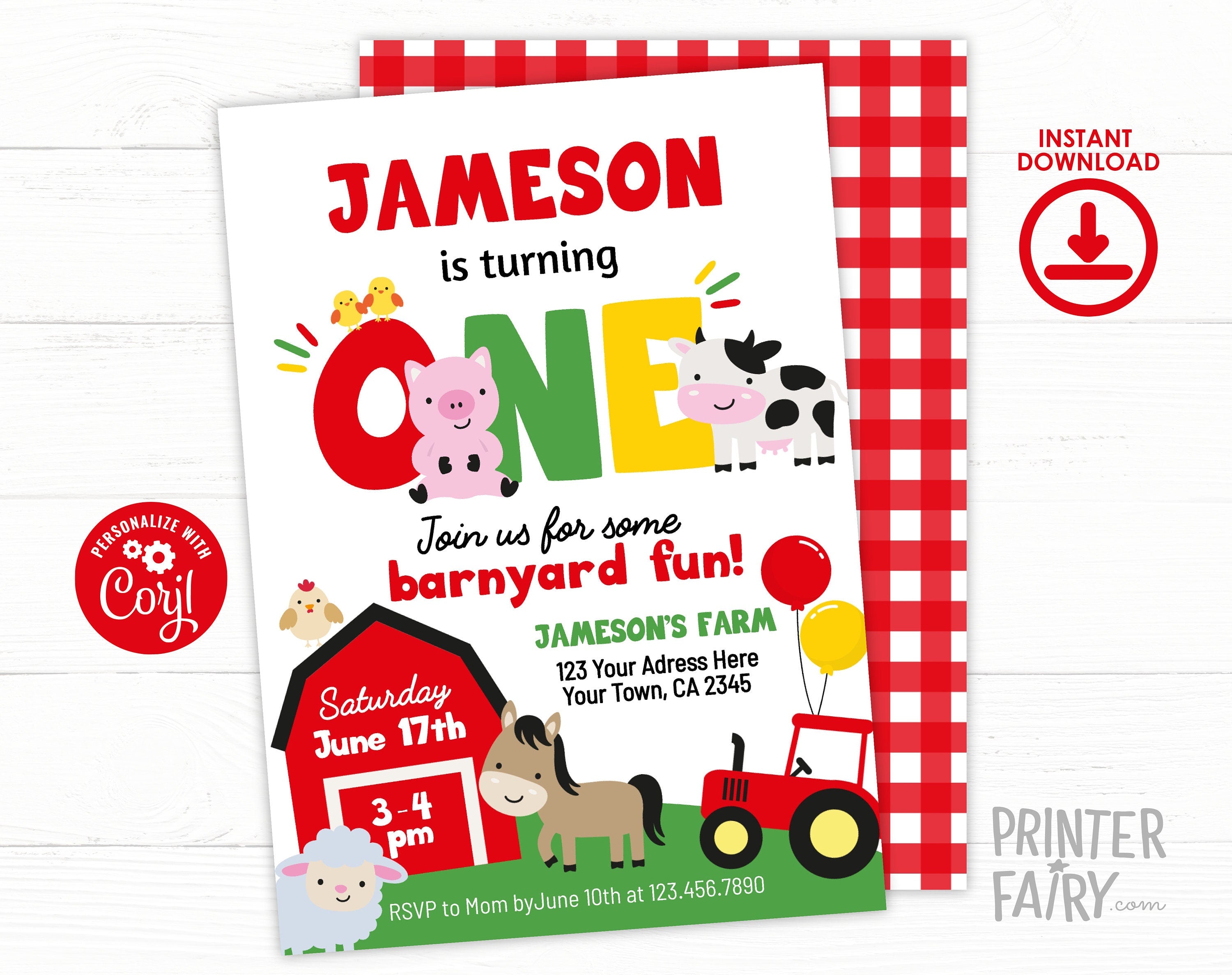 Farm Animals 1st Birthday Invitation Template (Digital Download)