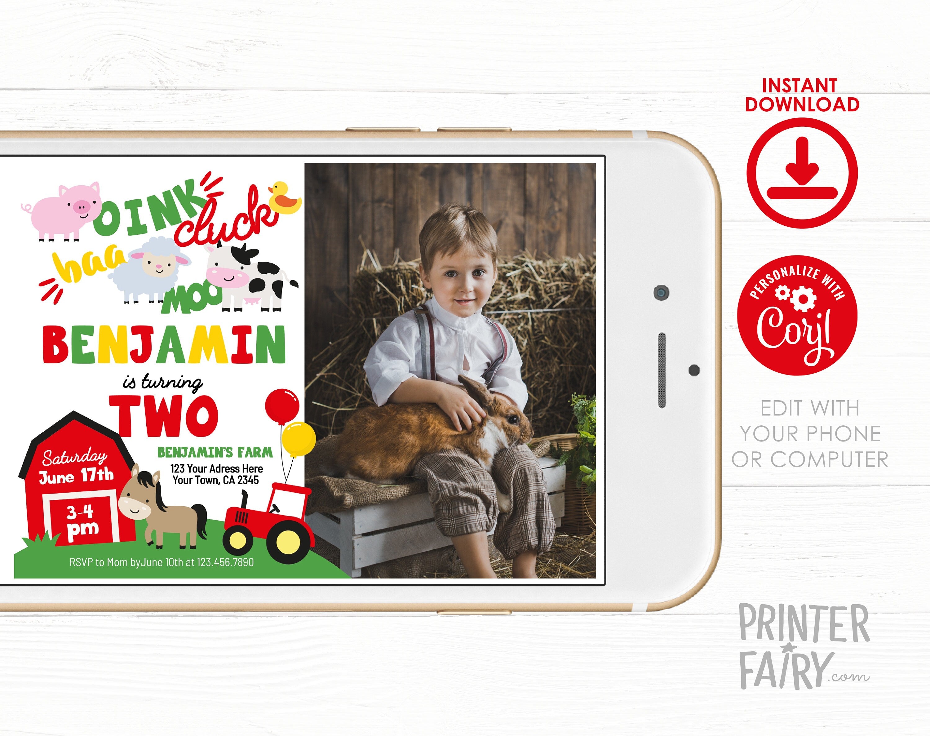 Farm Animals Second Birthday Invitation with Photo (Editable, Instant Download)