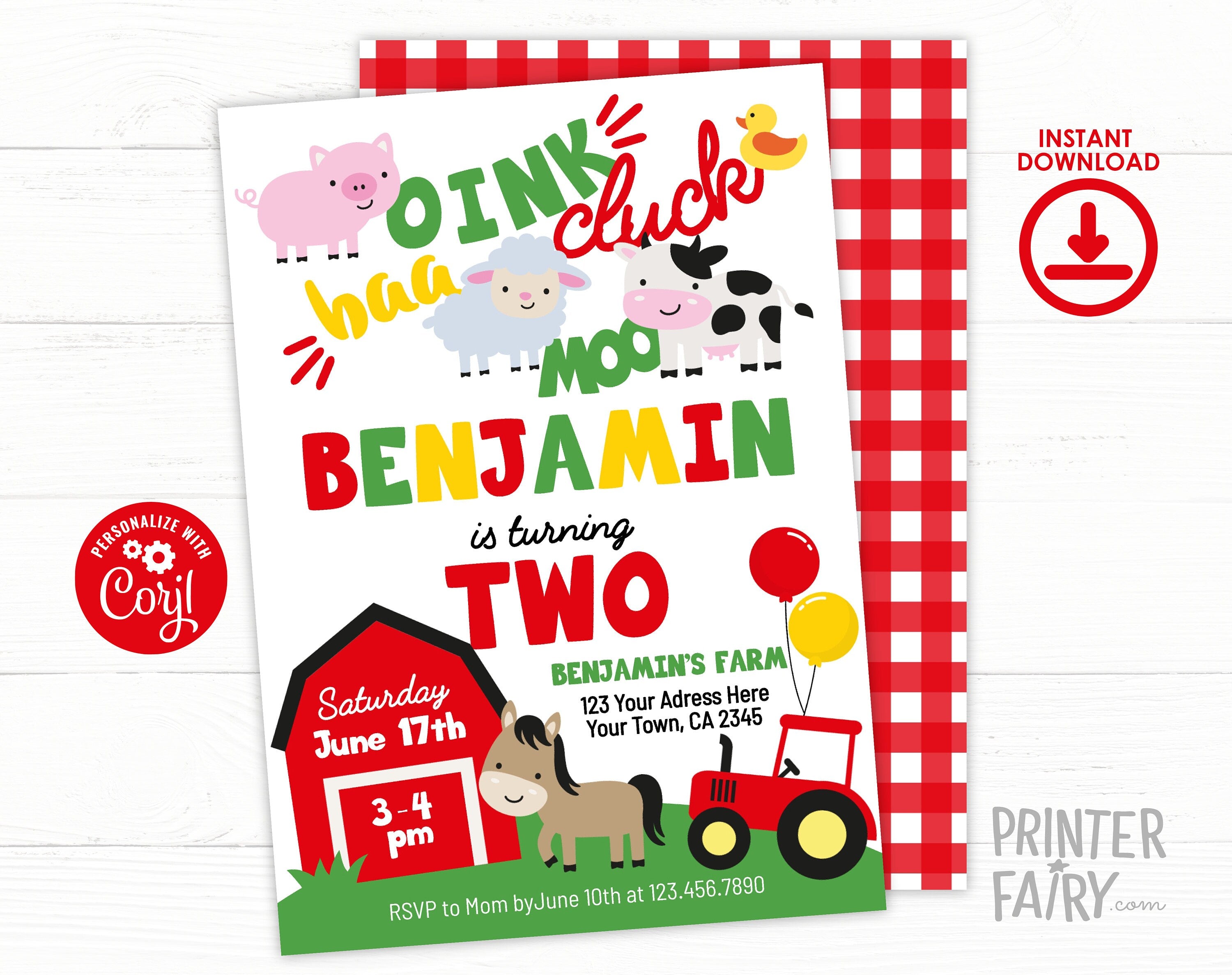 Farm Animals Birthday Invitation, Barnyard 2nd Birthday, Editable Template (Digital Download)
