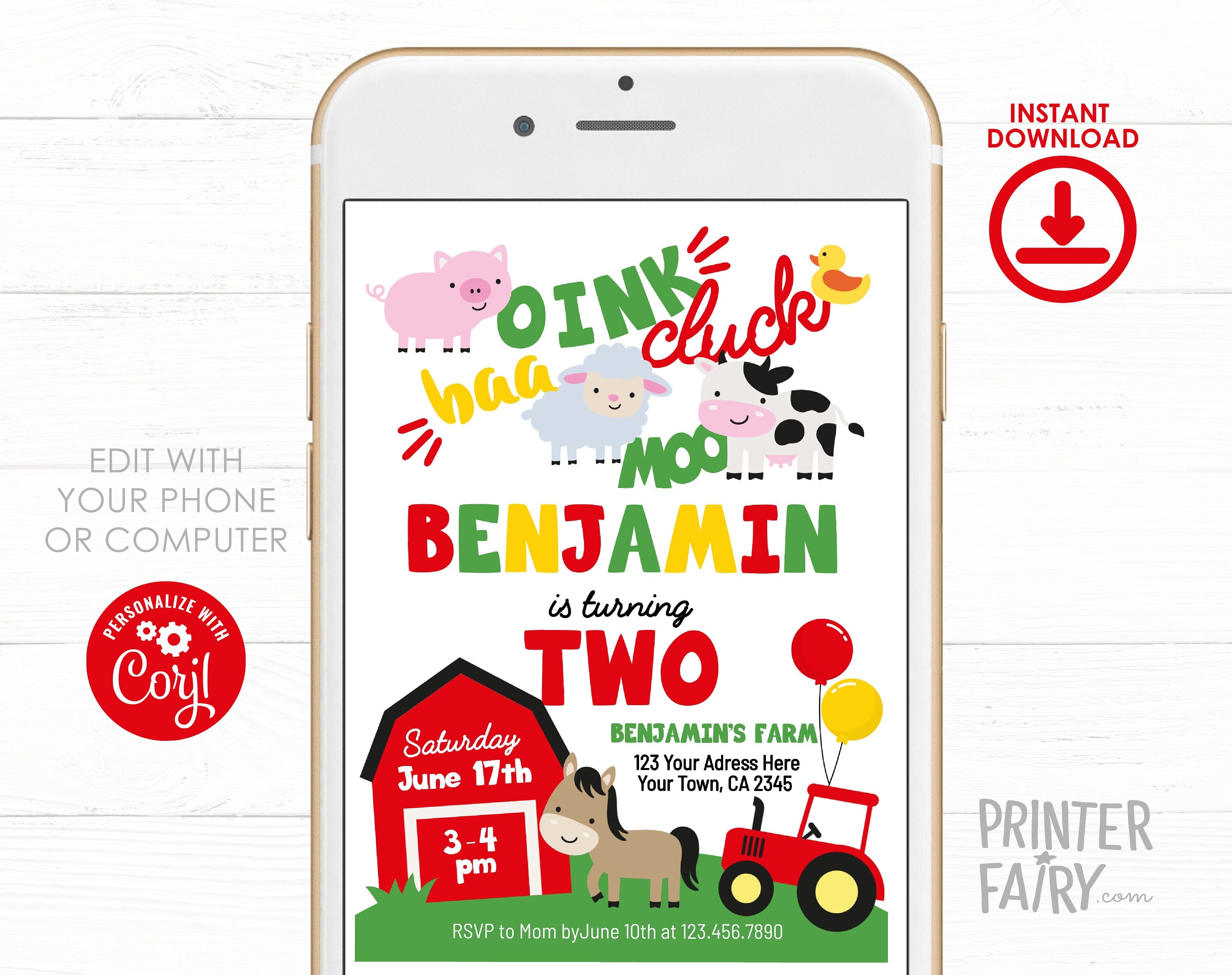 Farm Animals Birthday Invitation, Barnyard 2nd Birthday, Editable Template (Digital Download)