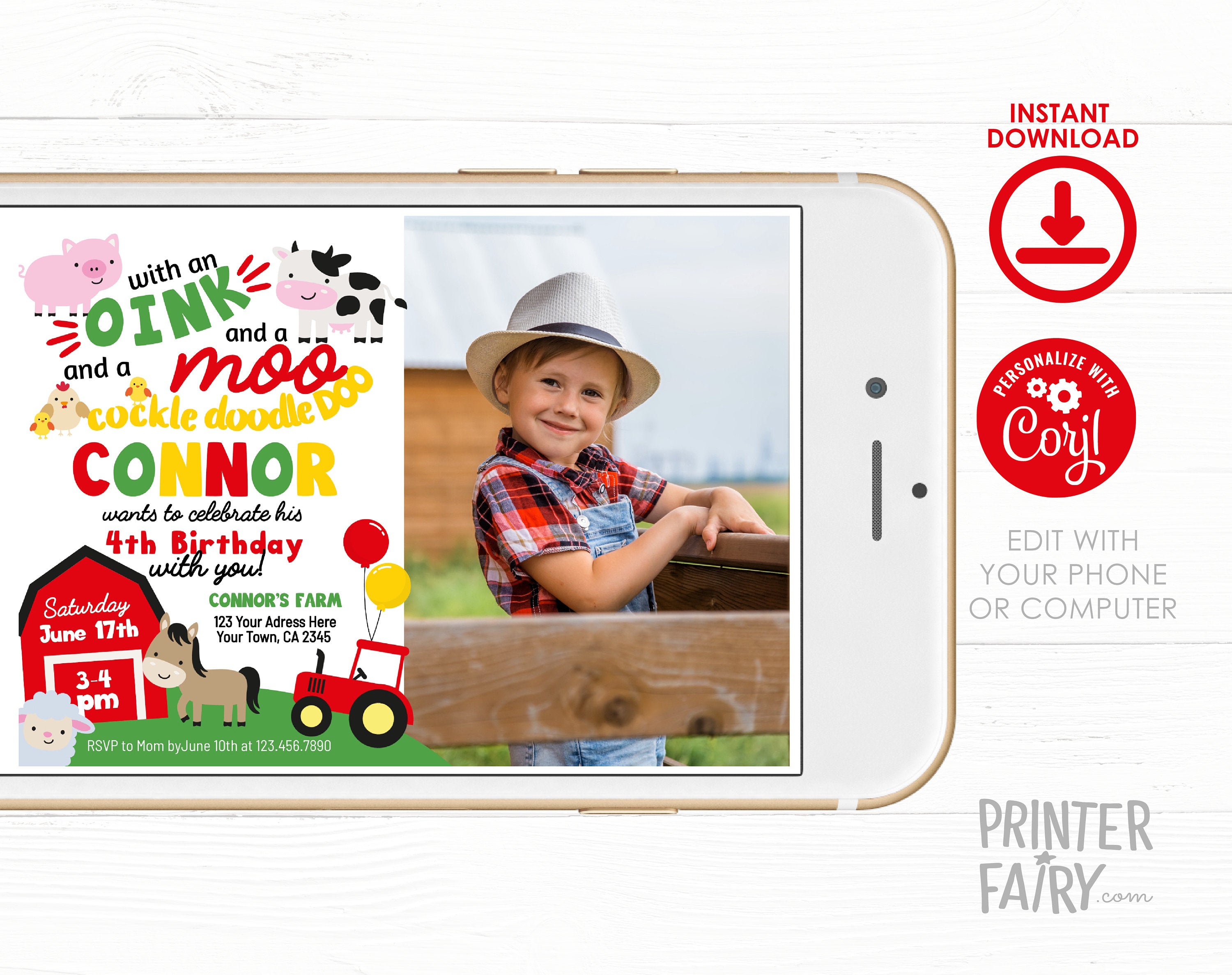 Farm Animals Birthday Invitation with Photo, Editable Template (Digital Download)