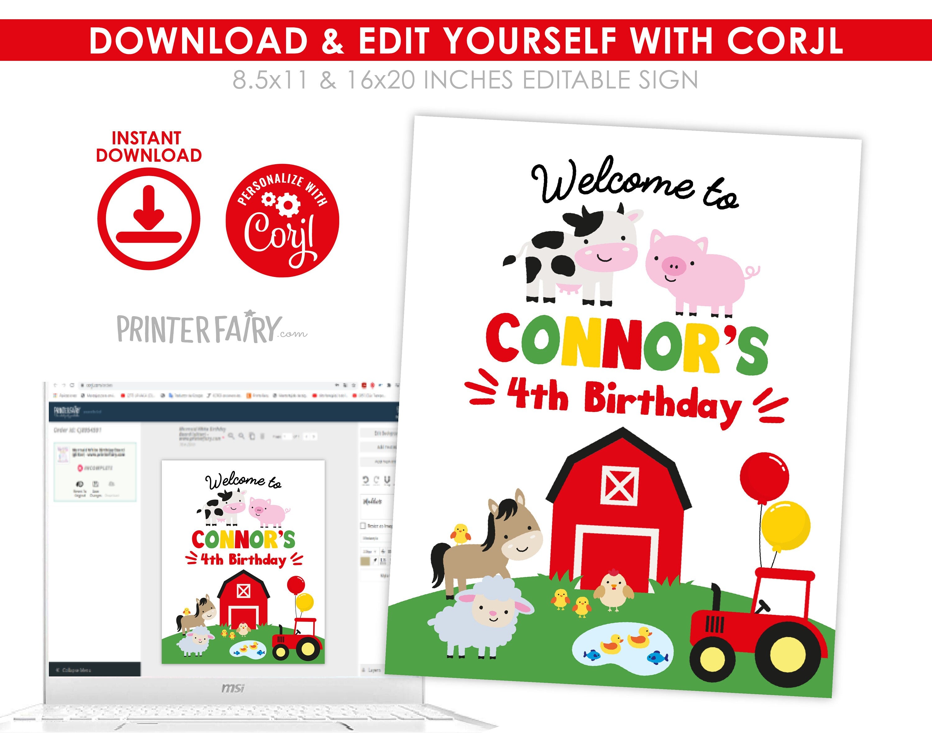 Farm Animals Birthday Welcome Sign, Editable Template (Digital Download)