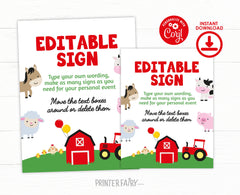 Farm Birthday Party Sign, Editable Template (Instant Download)