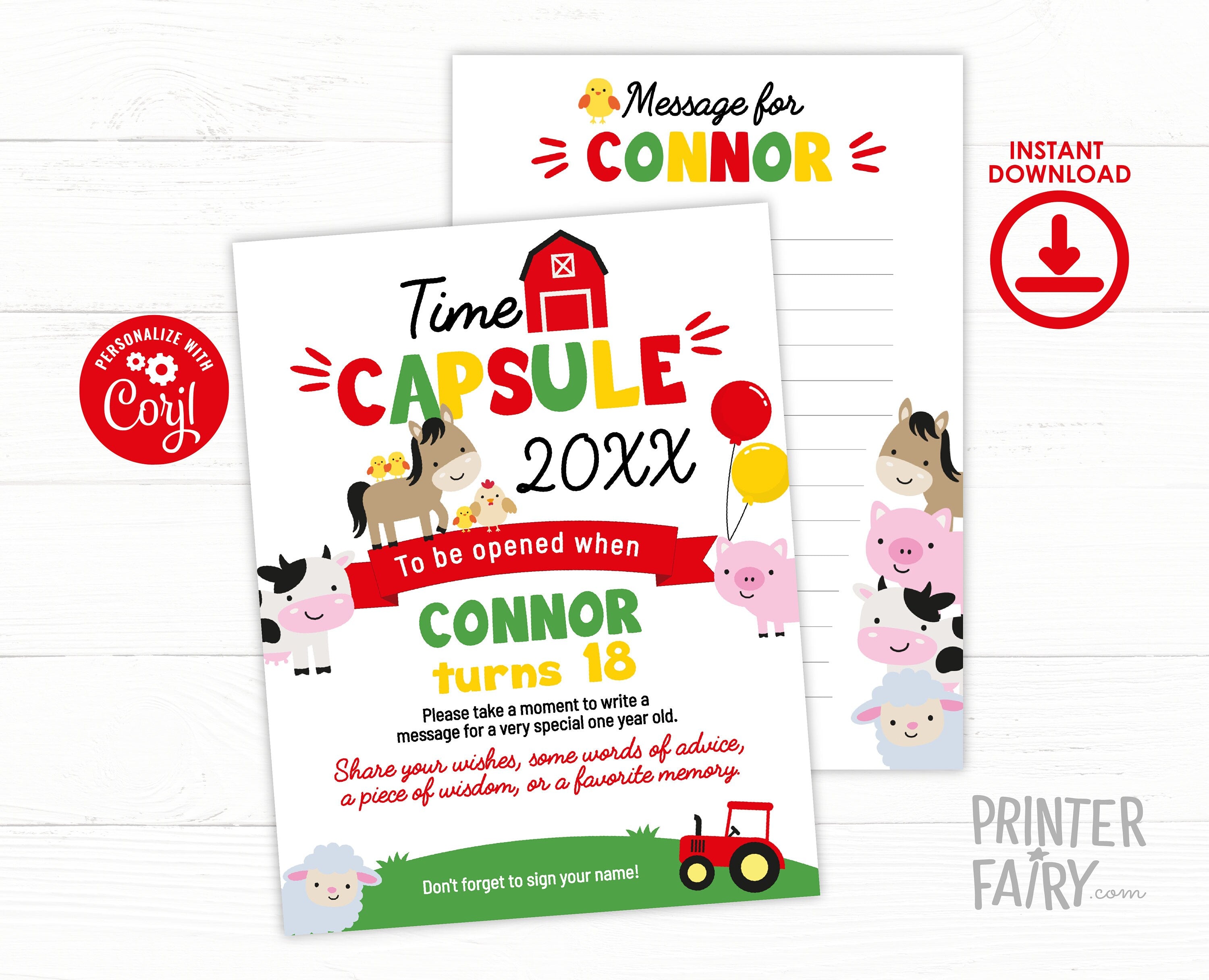 Farm First Birthday Time Capsule Sign, Barnyard Animals (Editable Digital Template)
