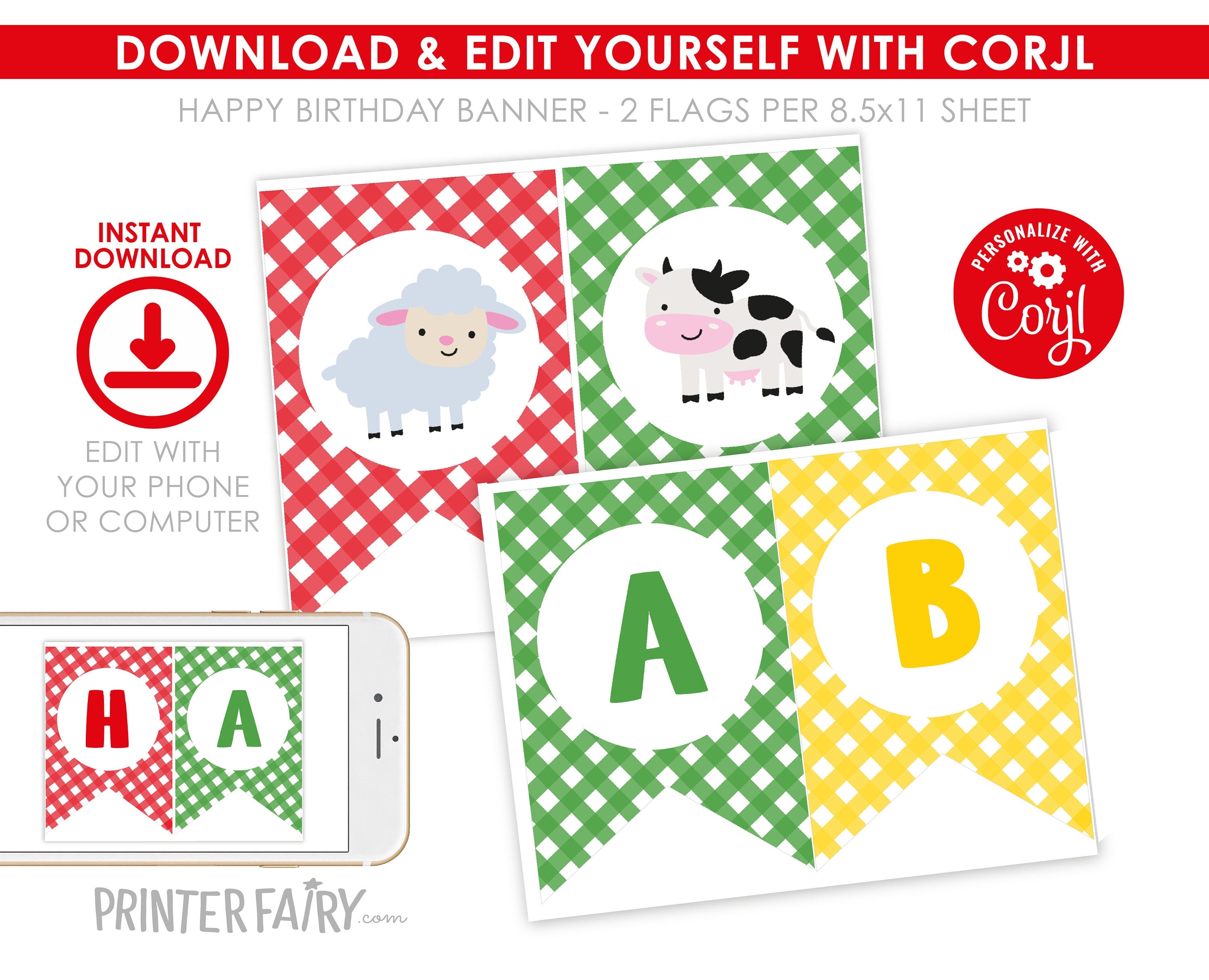Editable Farm Birthday Banner, Barnyard Animals Party Decorations (Digital)