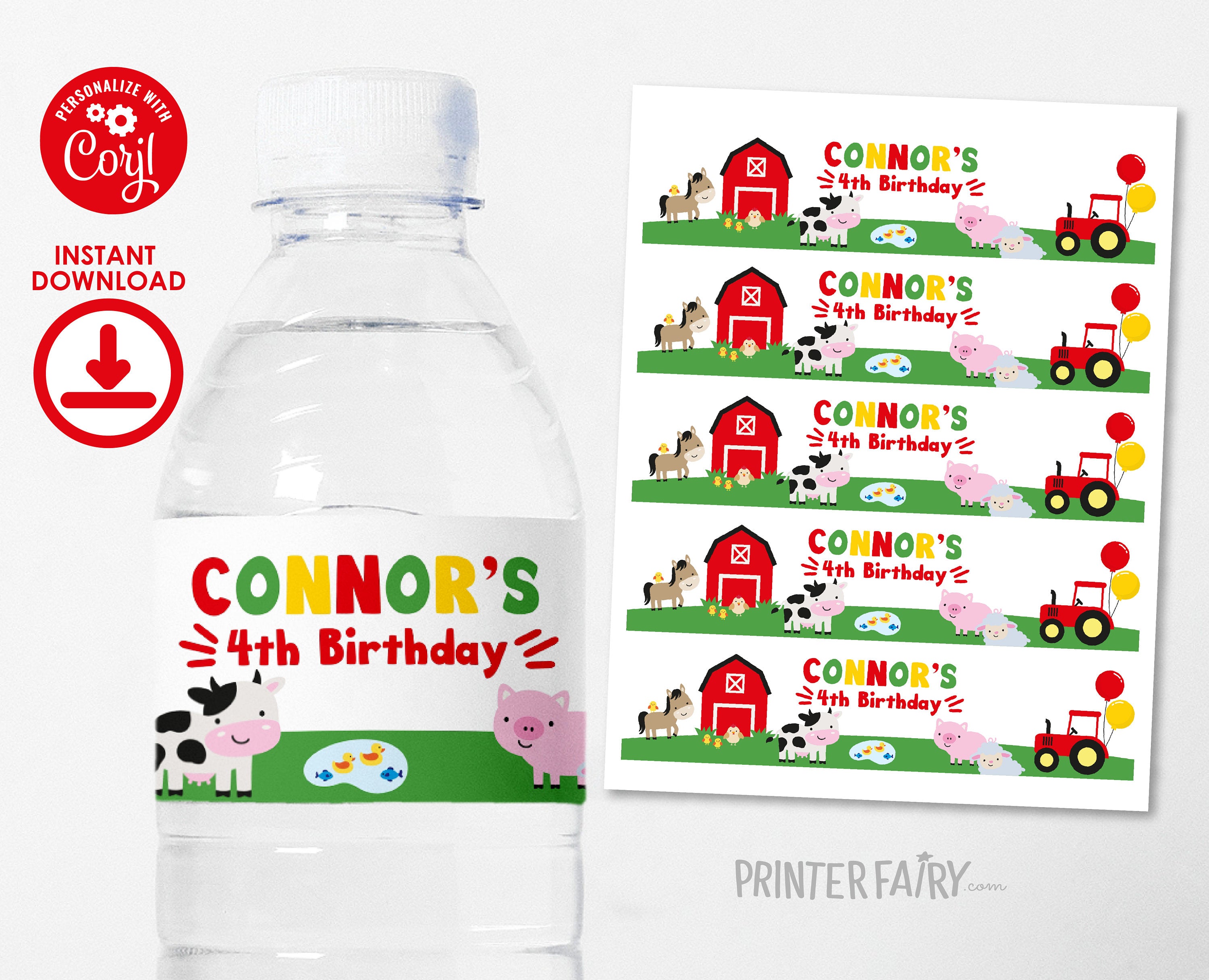 Farm Animals Birthday Water Bottle Label, Editable (Digital Download)