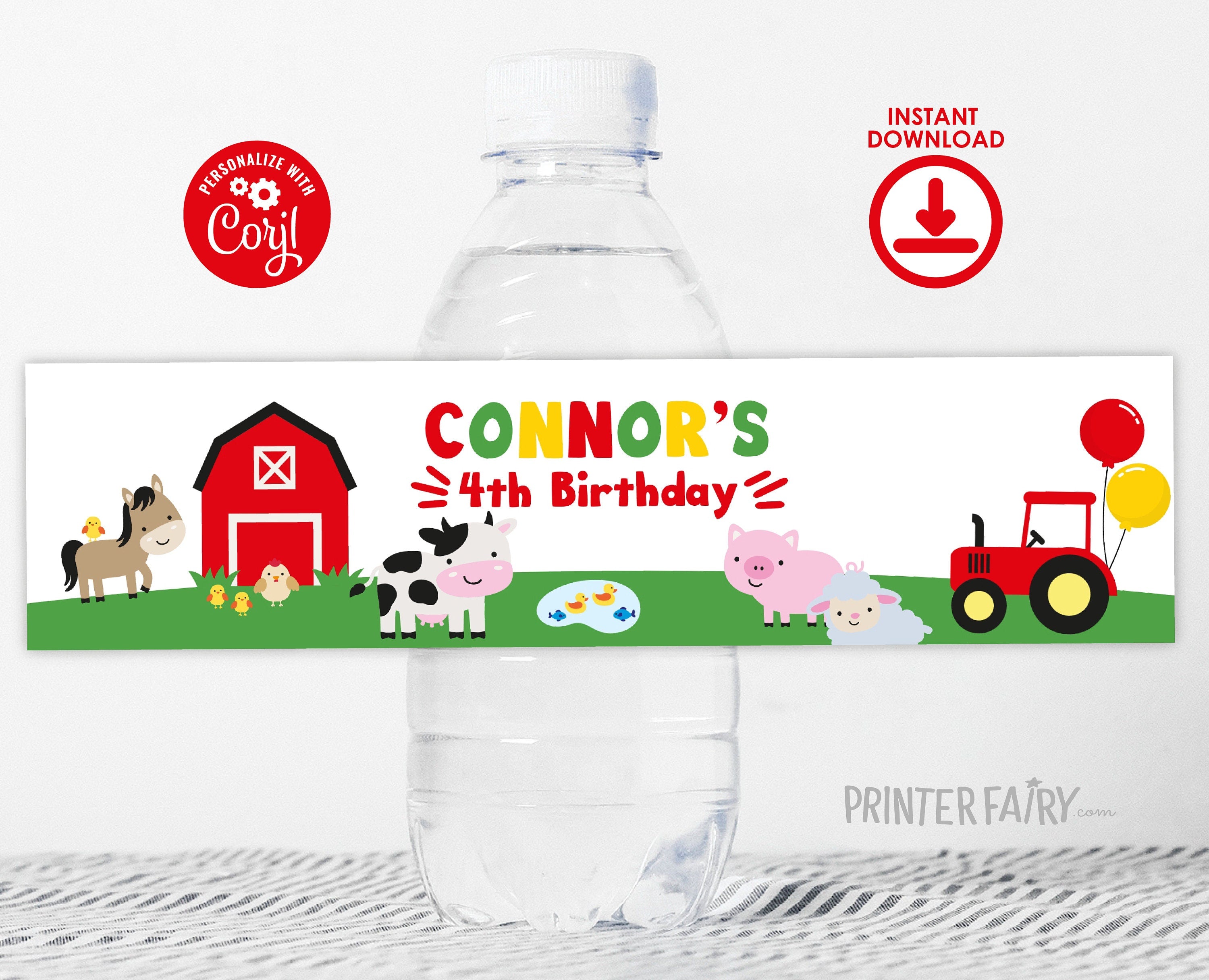 Farm Animals Birthday Water Bottle Label, Editable (Digital Download)