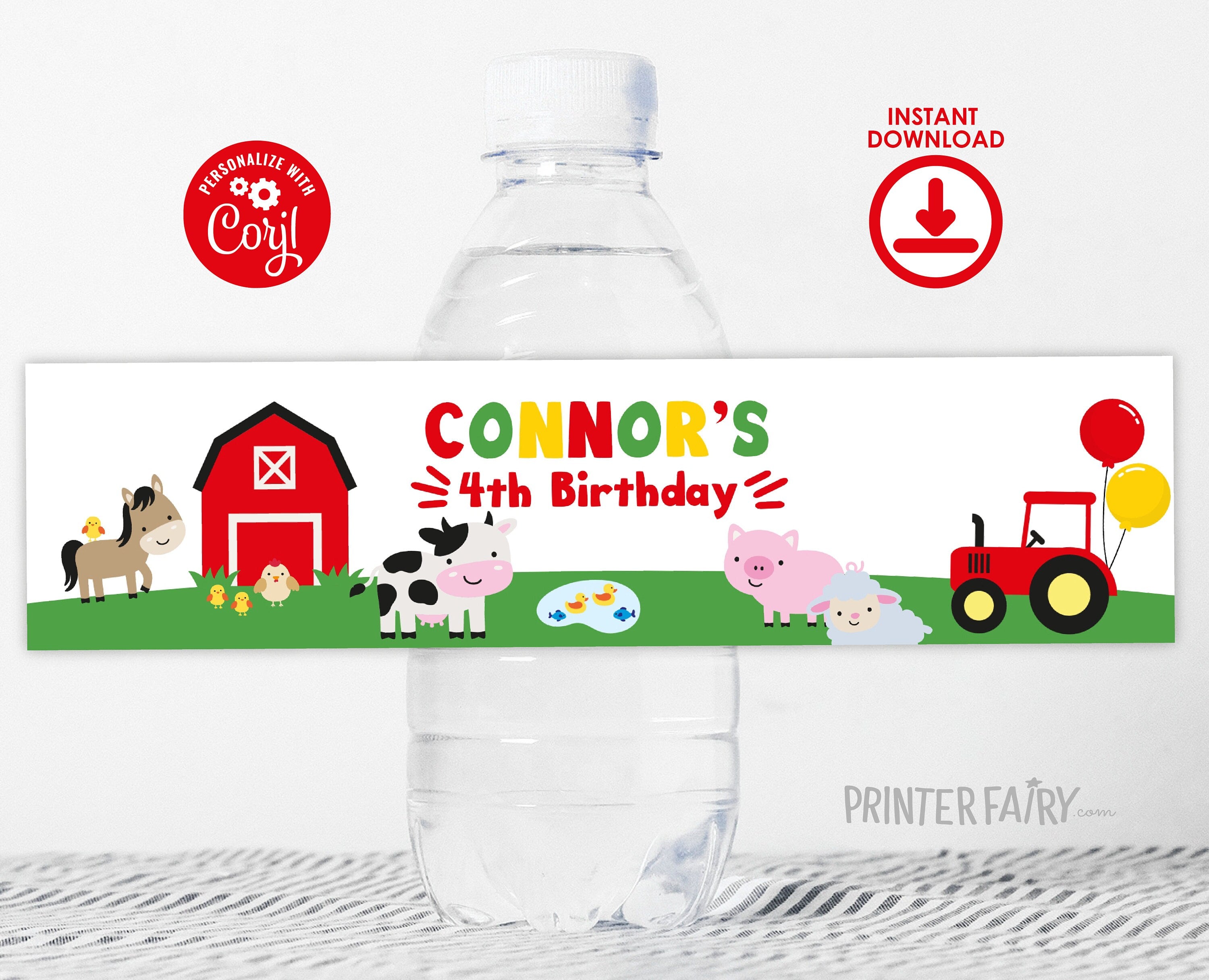 Farm Animals Birthday Water Bottle Label, Editable (Digital Download)