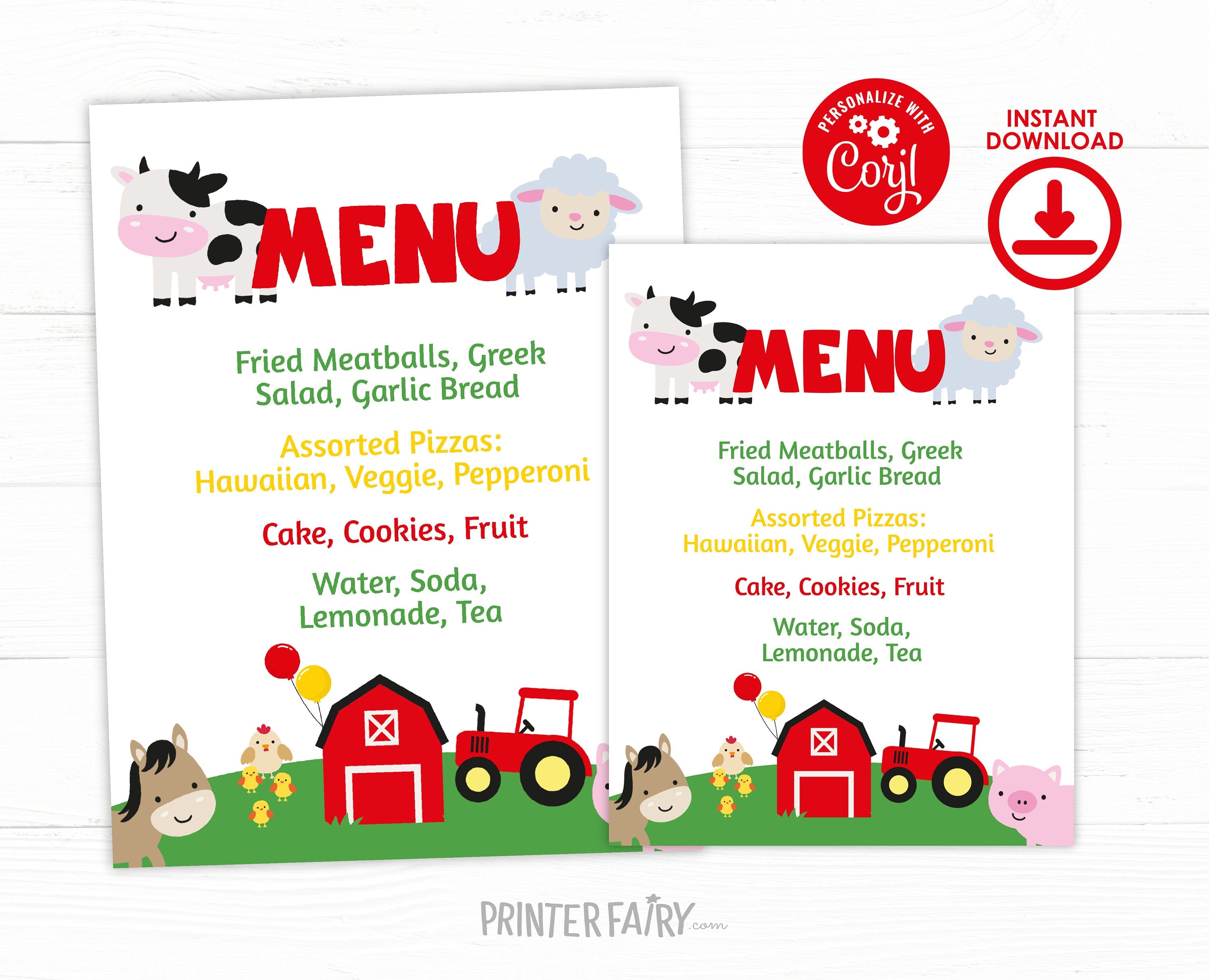 Farm Birthday Menu, Editable Barnyard Food Sign (Digital Download)