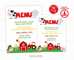 Farm Birthday Menu, Editable Barnyard Food Sign (Digital Download)