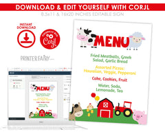 Farm Birthday Menu, Editable Barnyard Food Sign (Digital Download)