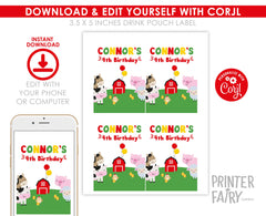 Farm Birthday Drink Pouch Label, Editable Barnyard Animals Party Template (Digital Download)