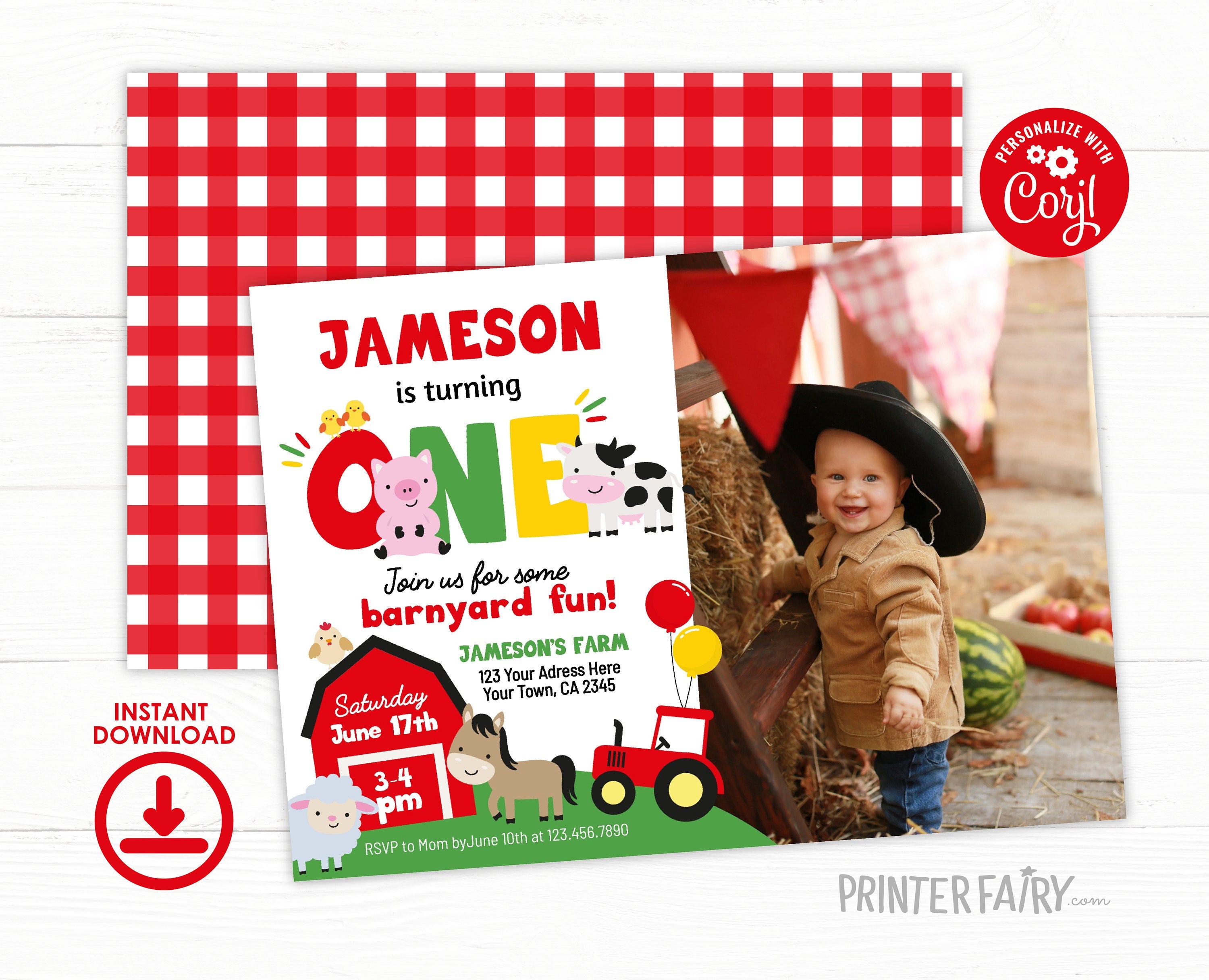 Farm First Birthday Invitation, Editable Barnyard Party Template (Digital Download)