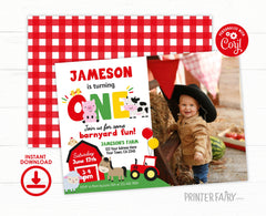 Farm First Birthday Invitation, Editable Barnyard Party Template (Digital Download)