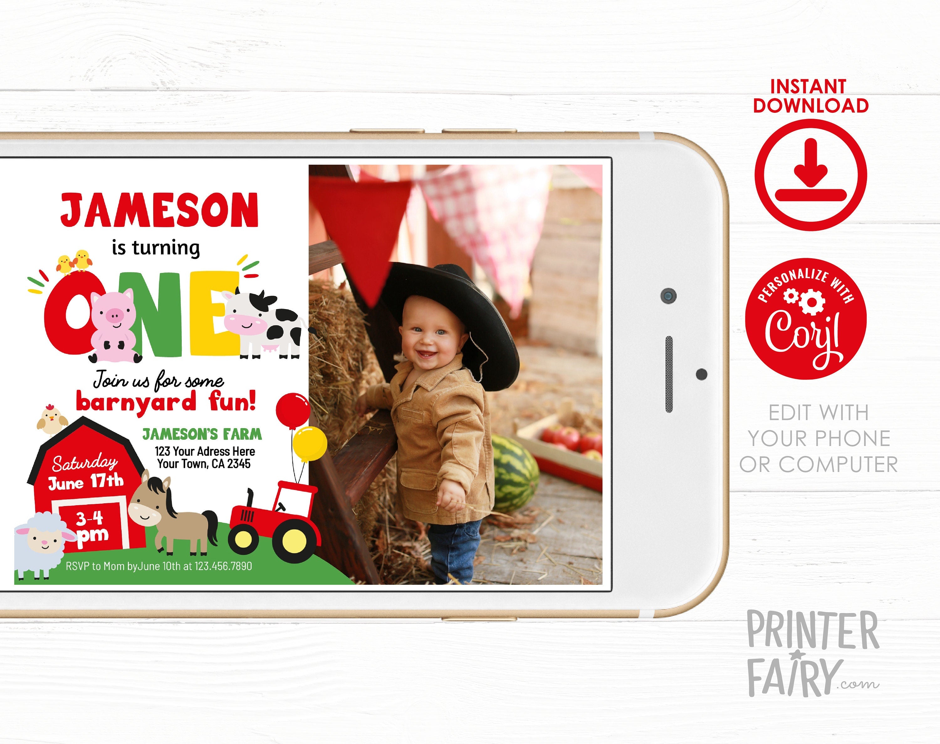 Farm First Birthday Invitation, Editable Barnyard Party Template (Digital Download)