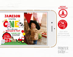 Farm First Birthday Invitation, Editable Barnyard Party Template (Digital Download)