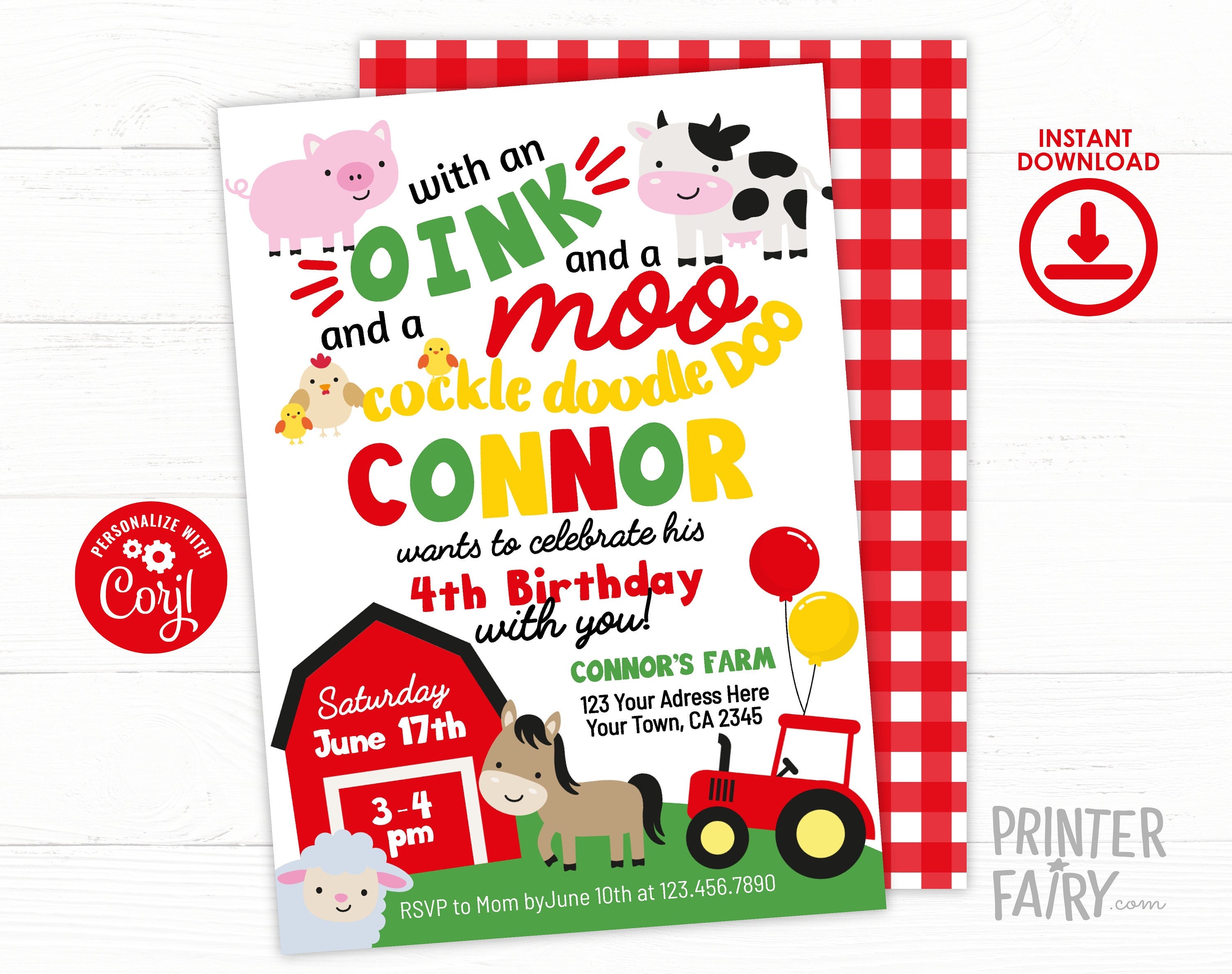 Farm Animals Birthday Invitation, Editable Barnyard Party (Instant Download)