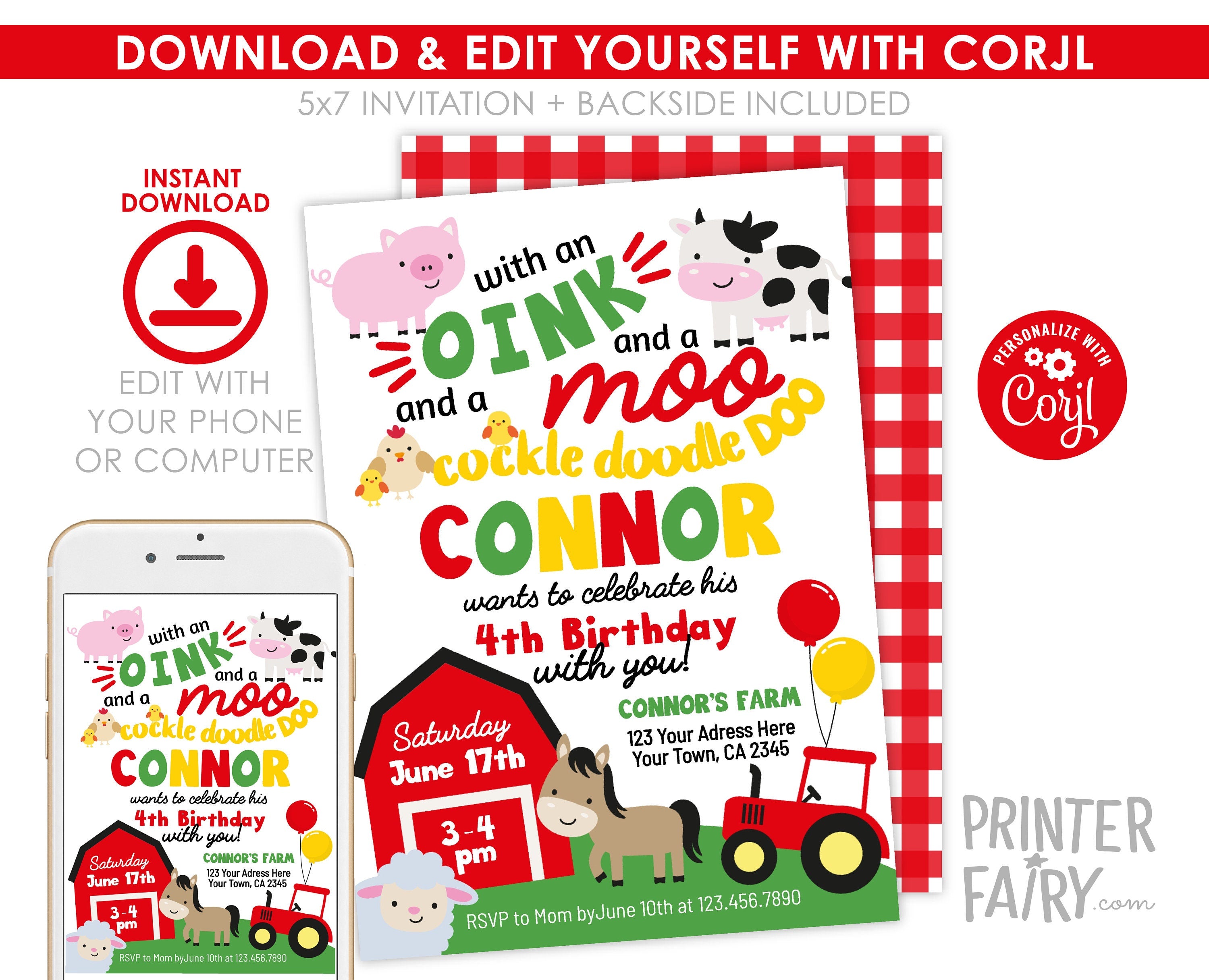 Farm Animals Birthday Invitation, Editable Barnyard Party (Instant Download)