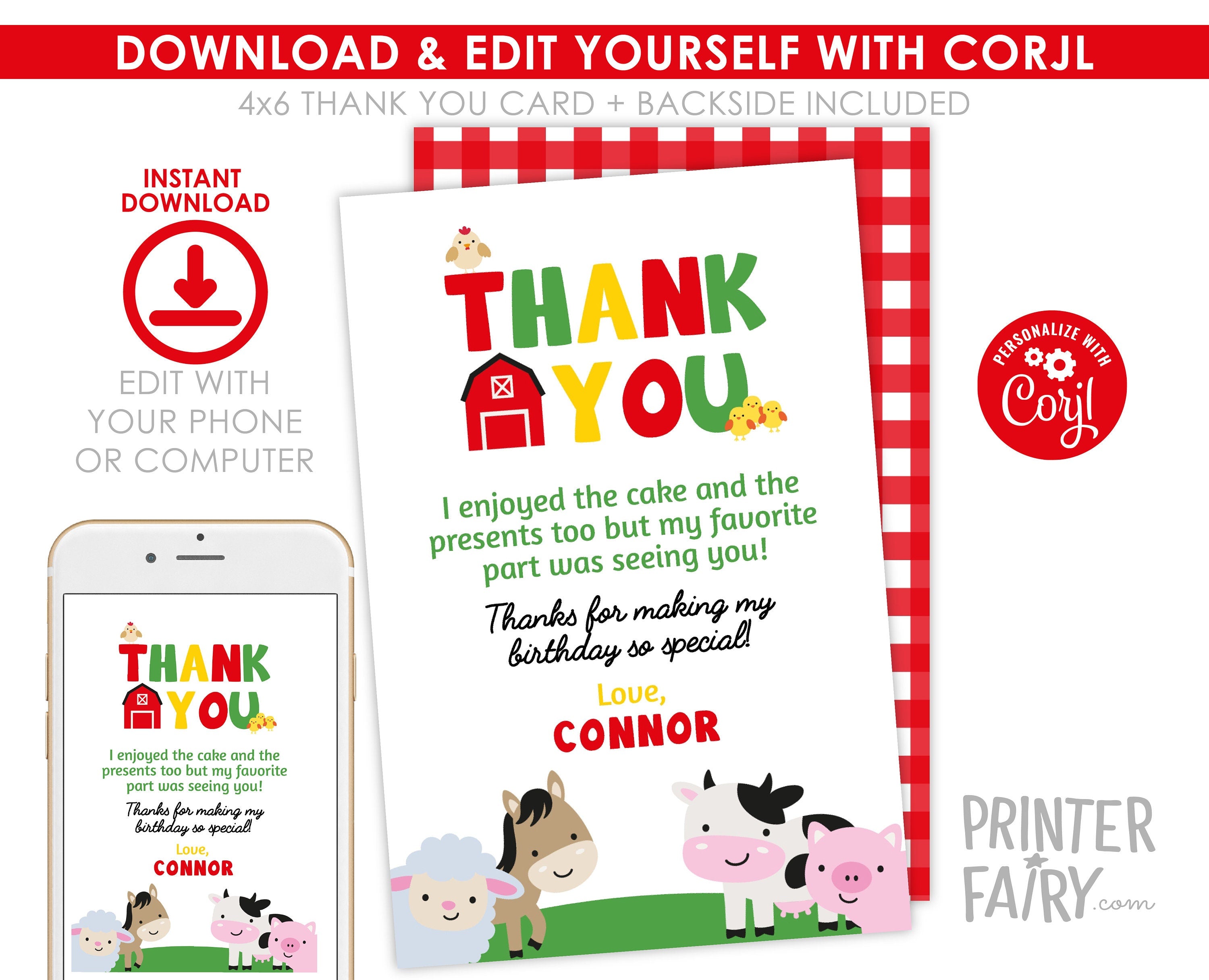 Farm Birthday Thank You Card, Animals, Barnyard Party (Instant Download)