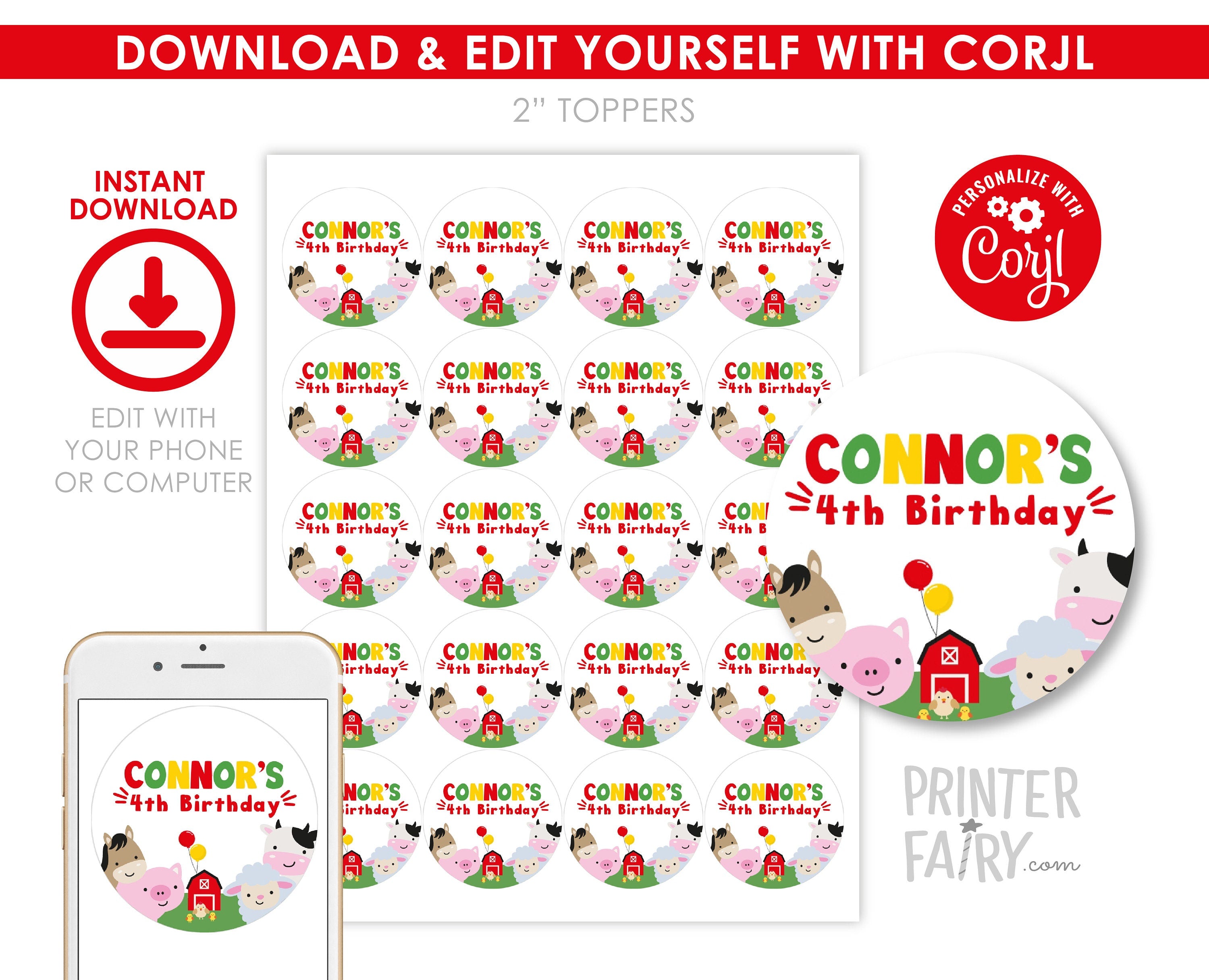 Farm Animals Birthday Party Toppers, Editable Template (Digital Download)
