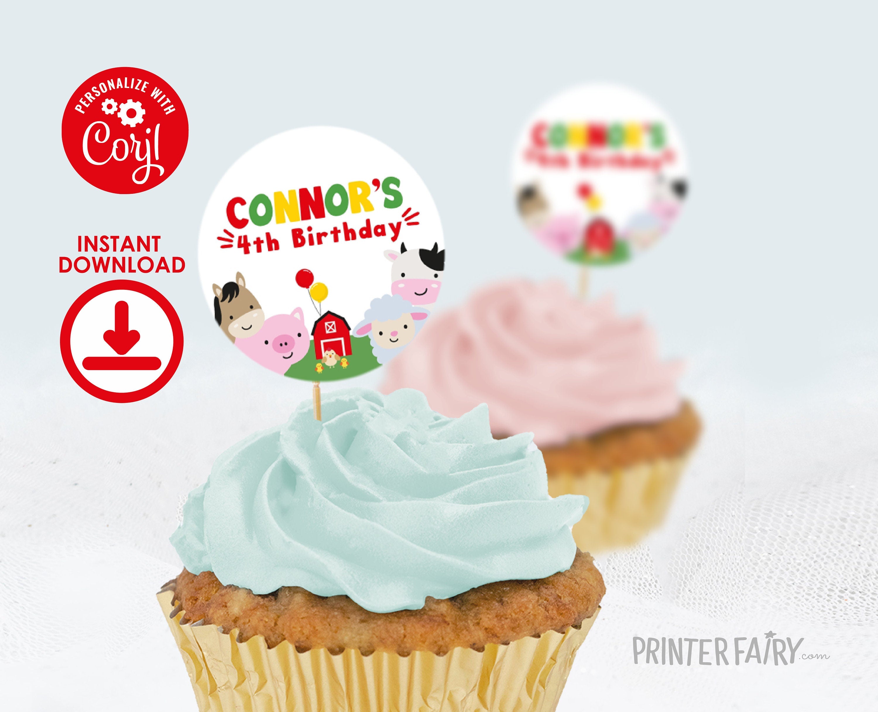 Farm Animals Birthday Party Toppers, Editable Template (Digital Download)