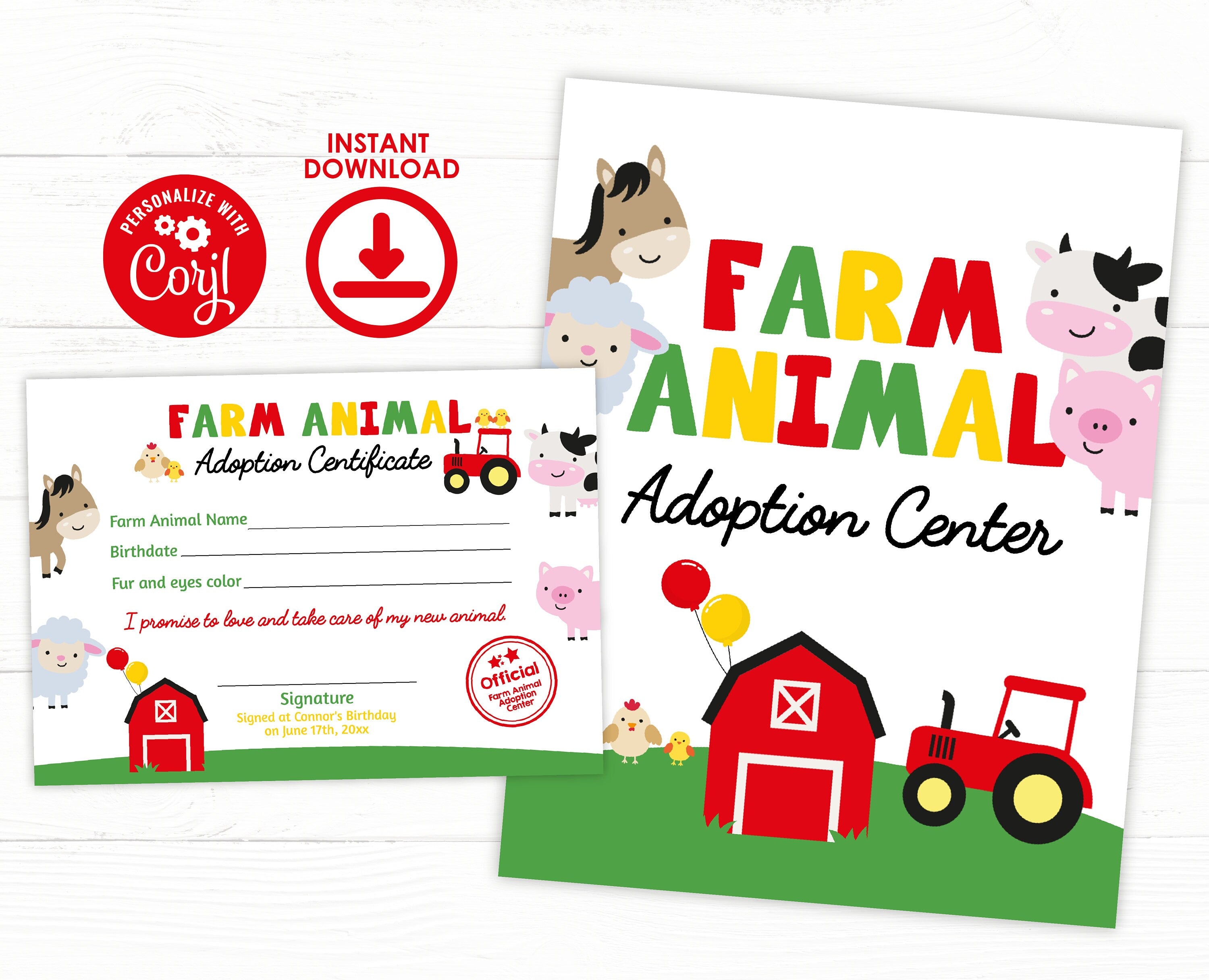 Farm Animal Adoption Party Set, Sign & Certificate (Digital Download)