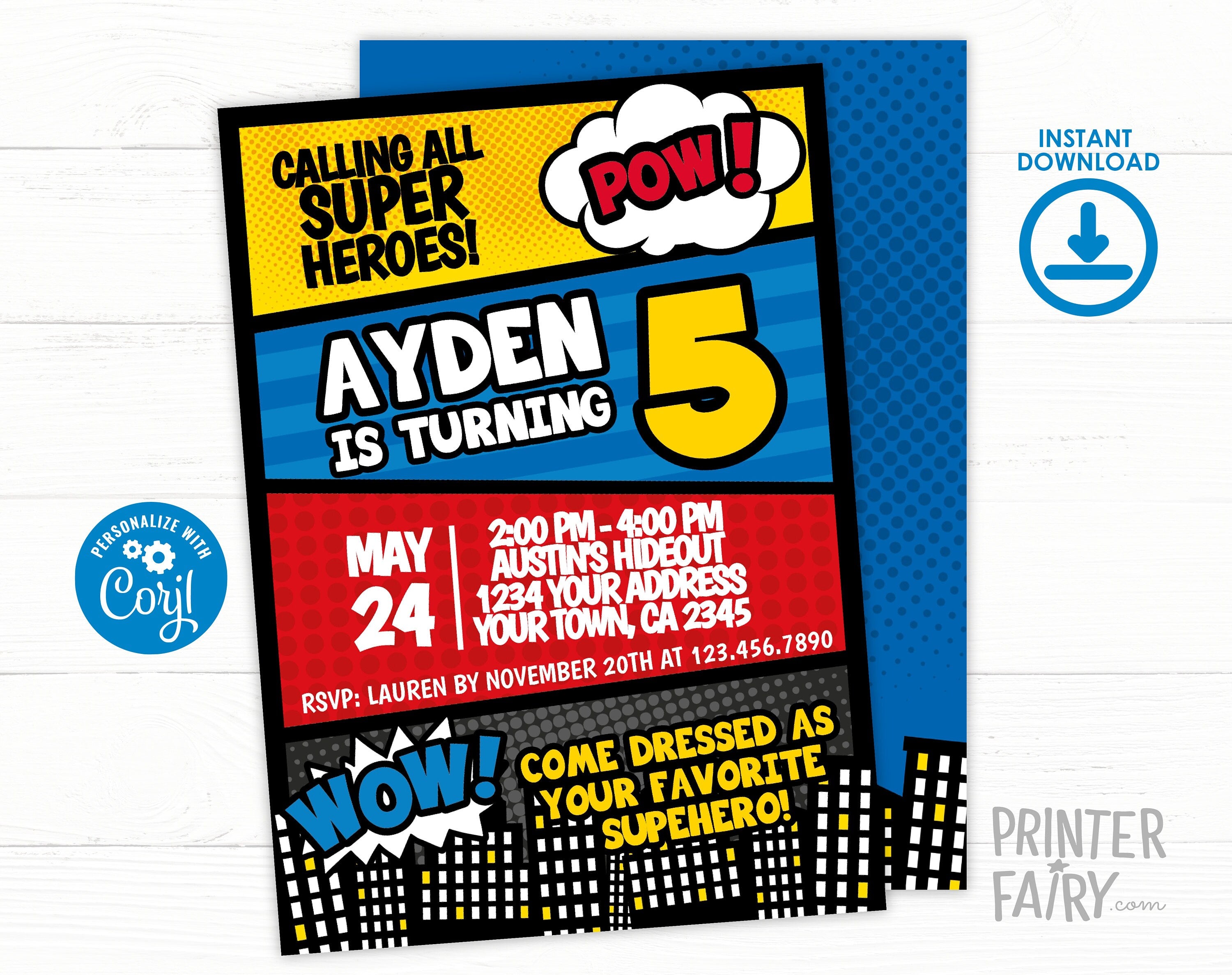 Superhero Birthday Invitation EDITABLE Template, INSTANT DOWNLOAD