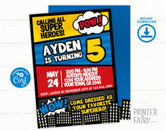 Superhero Birthday Invitation EDITABLE Template, INSTANT DOWNLOAD